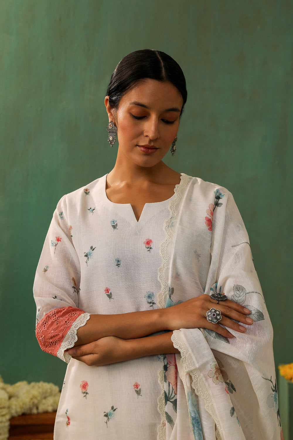 White Straight Fit Printed Linen Suit Set