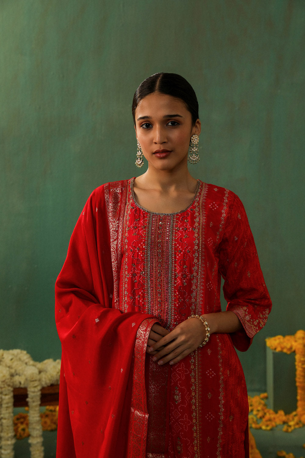 Red Dola Jacquard Straight Fit Suit Set | HER-336