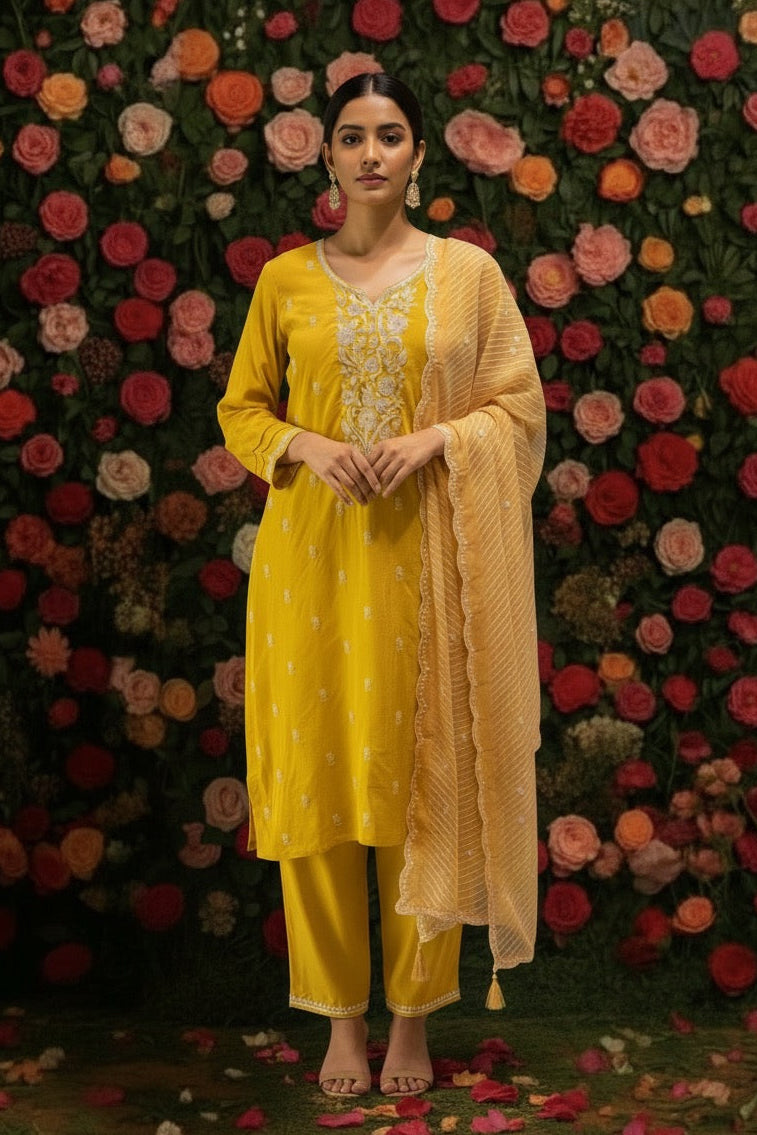 Aarvi Yellow Embroidered Suit Set | HER-559