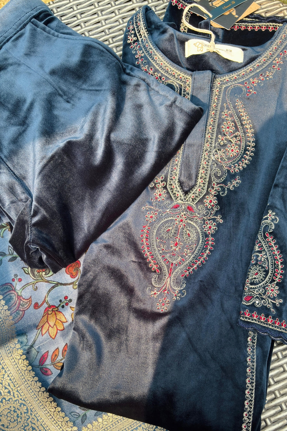 Navy Blue Velvet Suit Set | HER-438