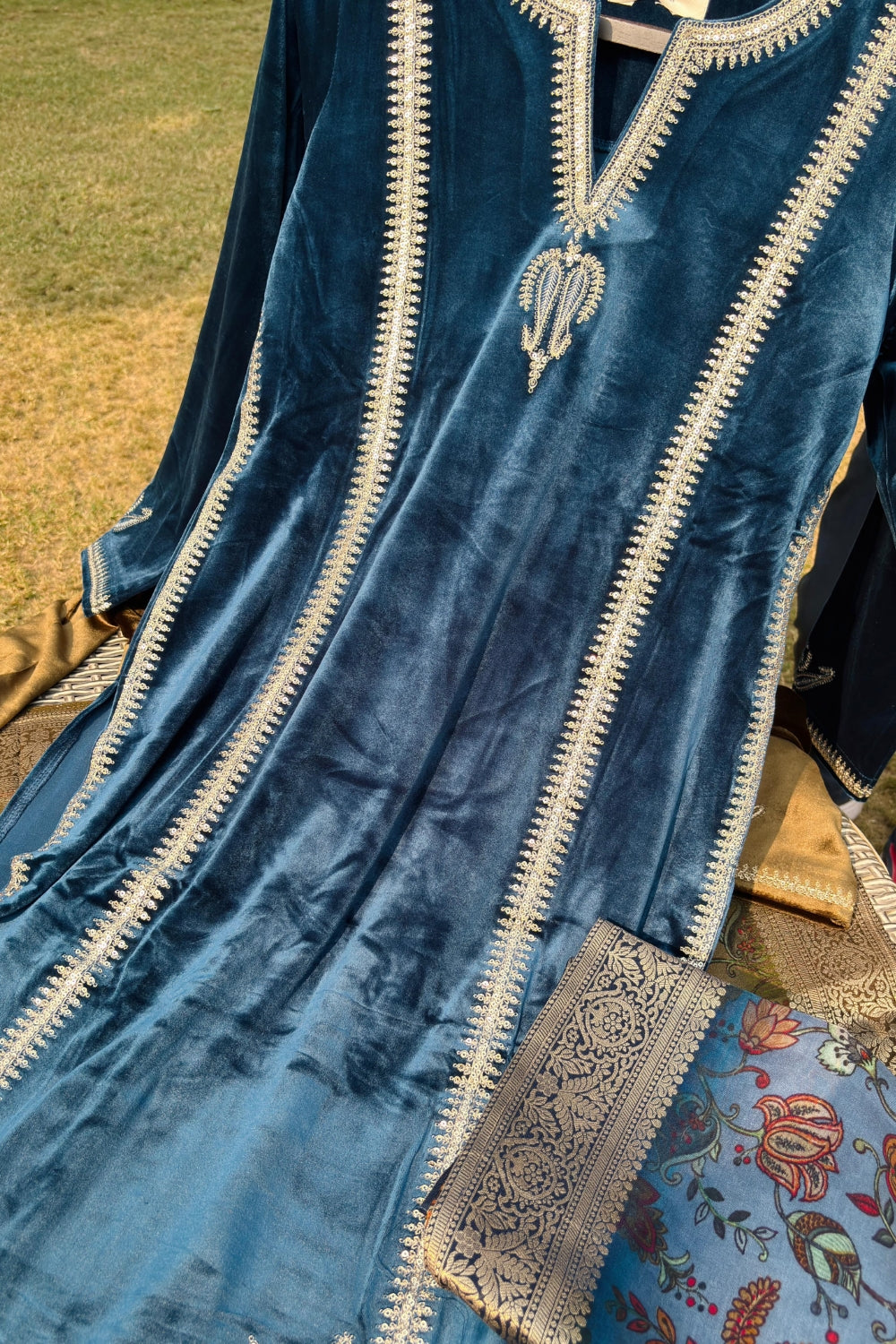 Teal Blue Velvet Suit Set | HER-441