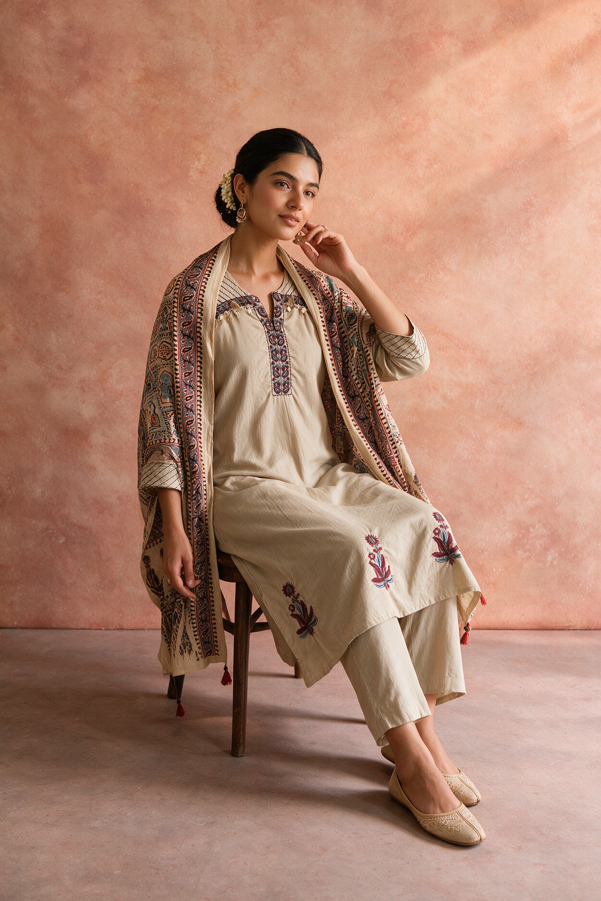Warm Beige Embroidered Pure Cotton Suit Set