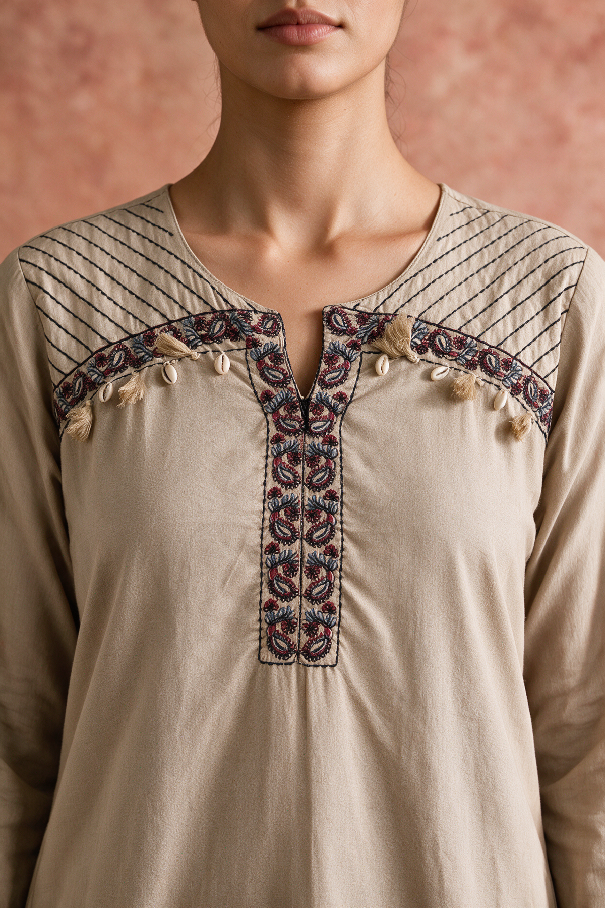 Warm Beige Embroidered Pure Cotton Suit Set
