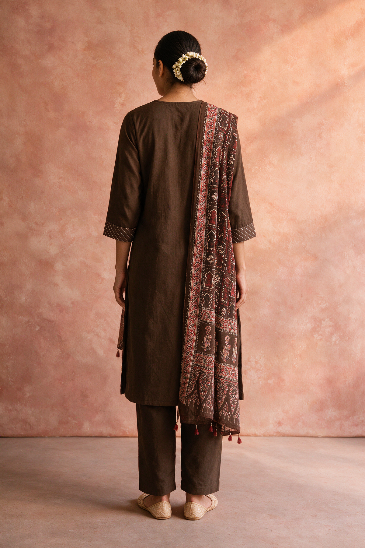 Chocolate Brown Embroidered Pure Cotton Suit Set with Printed Dupatta