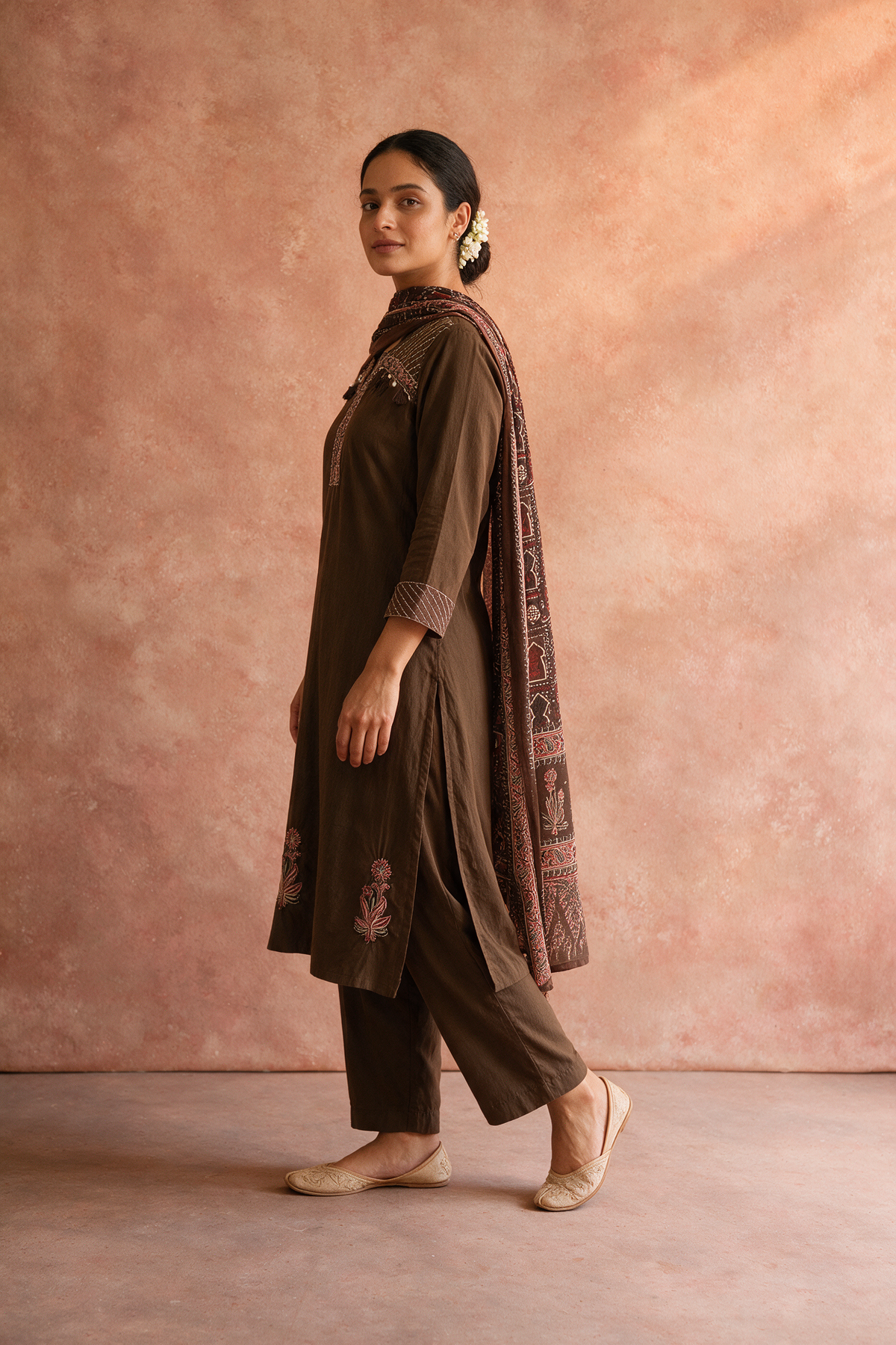 Chocolate Brown Embroidered Pure Cotton Suit Set with Printed Dupatta