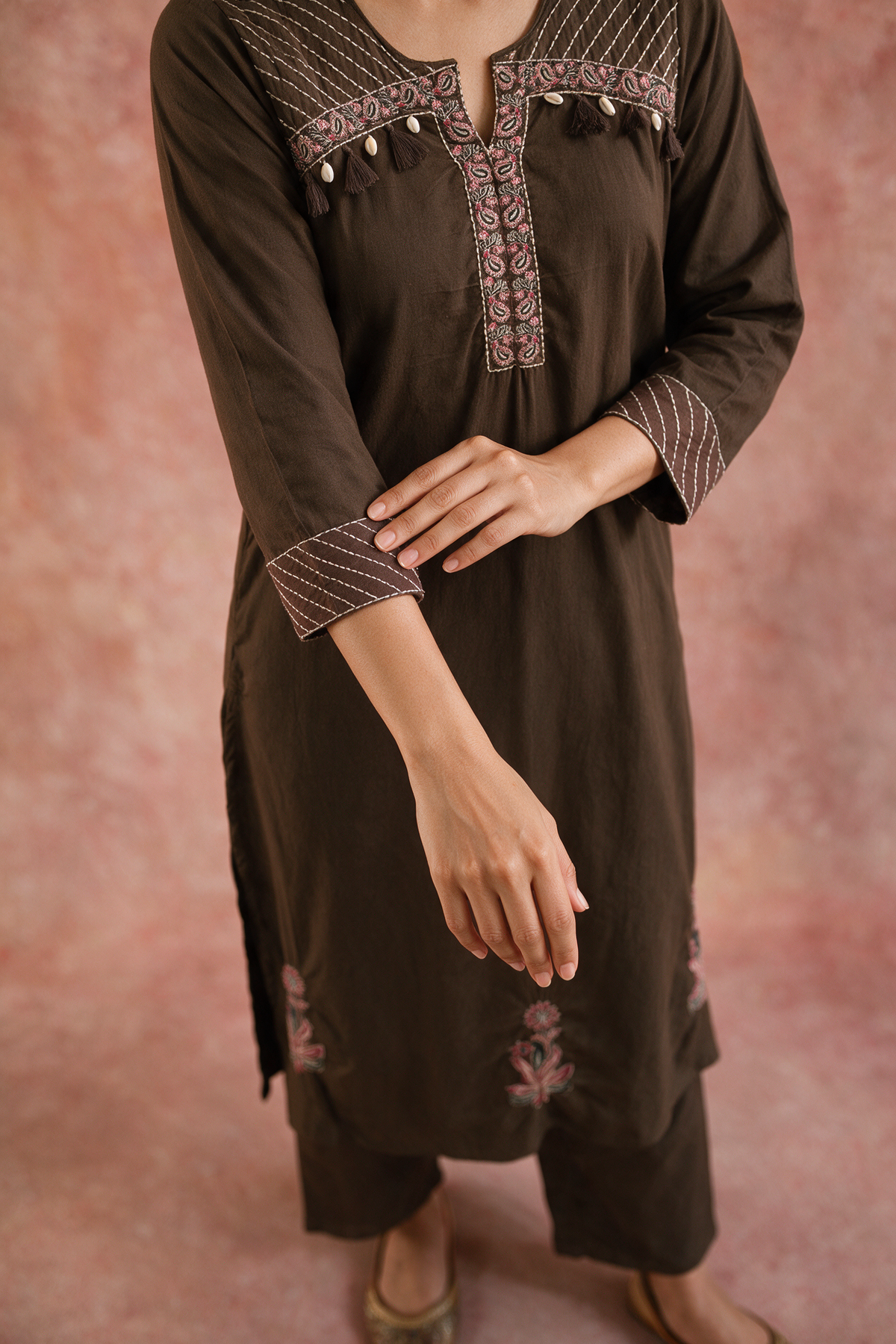 Chocolate Brown Embroidered Pure Cotton Suit Set with Printed Dupatta