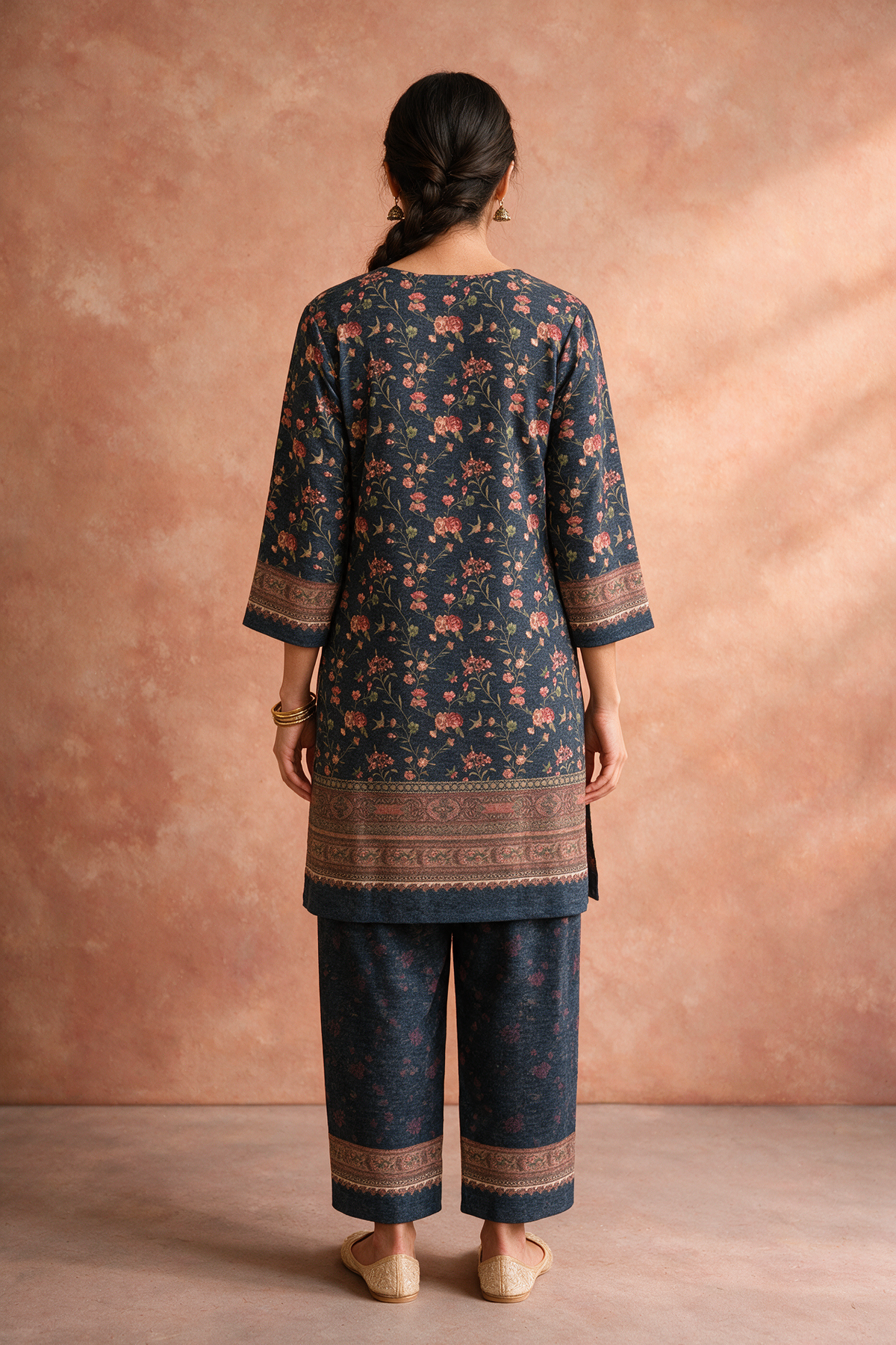 Navy Blue Floral Woollen Kurta/Co-ord Set