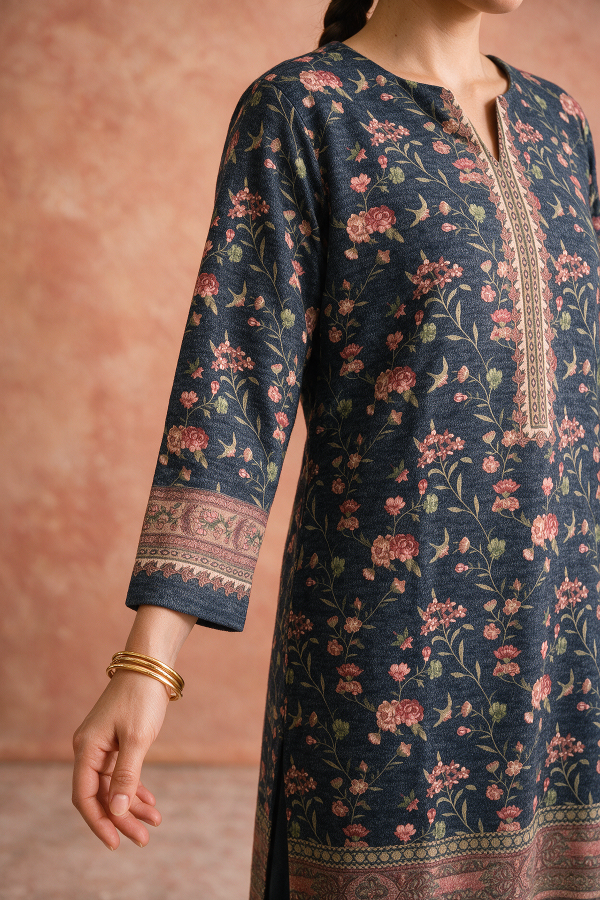 Navy Blue Floral Woollen Kurta/Co-ord Set