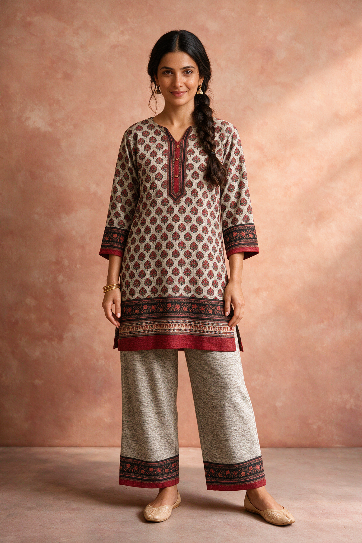 Beige Printed Woollen Kurta/Co-ord Set