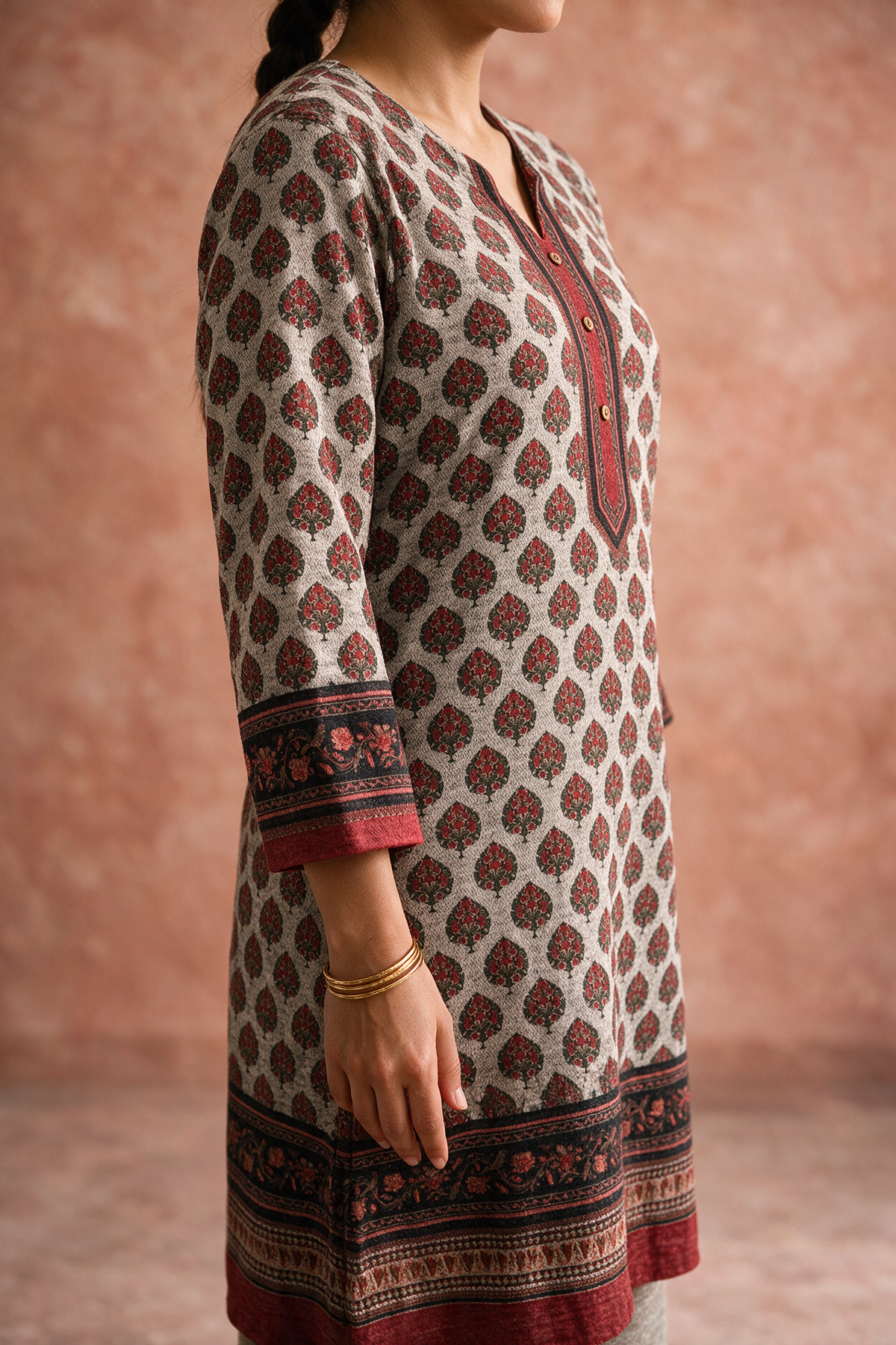 Beige Printed Woollen Kurta/Co-ord Set