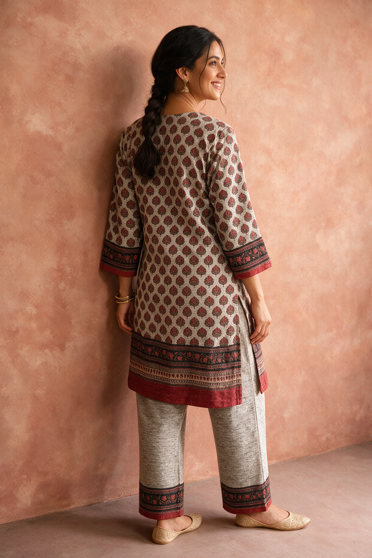 Beige Printed Woollen Kurta/Co-ord Set