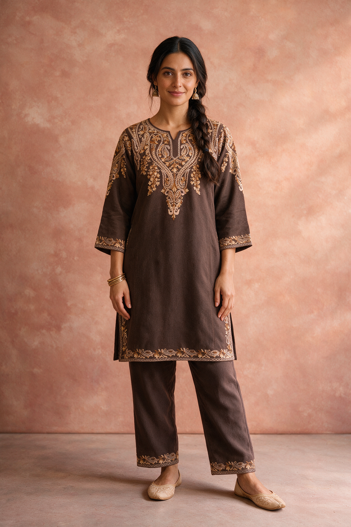 Chocolate Brown Embroidered Woollen Kurta/Co-ord Set