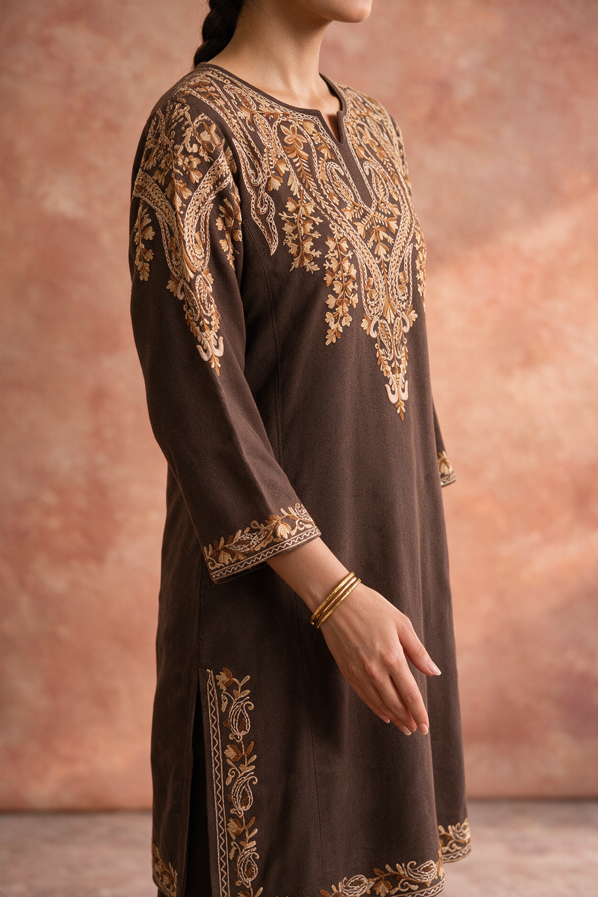 Chocolate Brown Embroidered Woollen Kurta/Co-ord Set