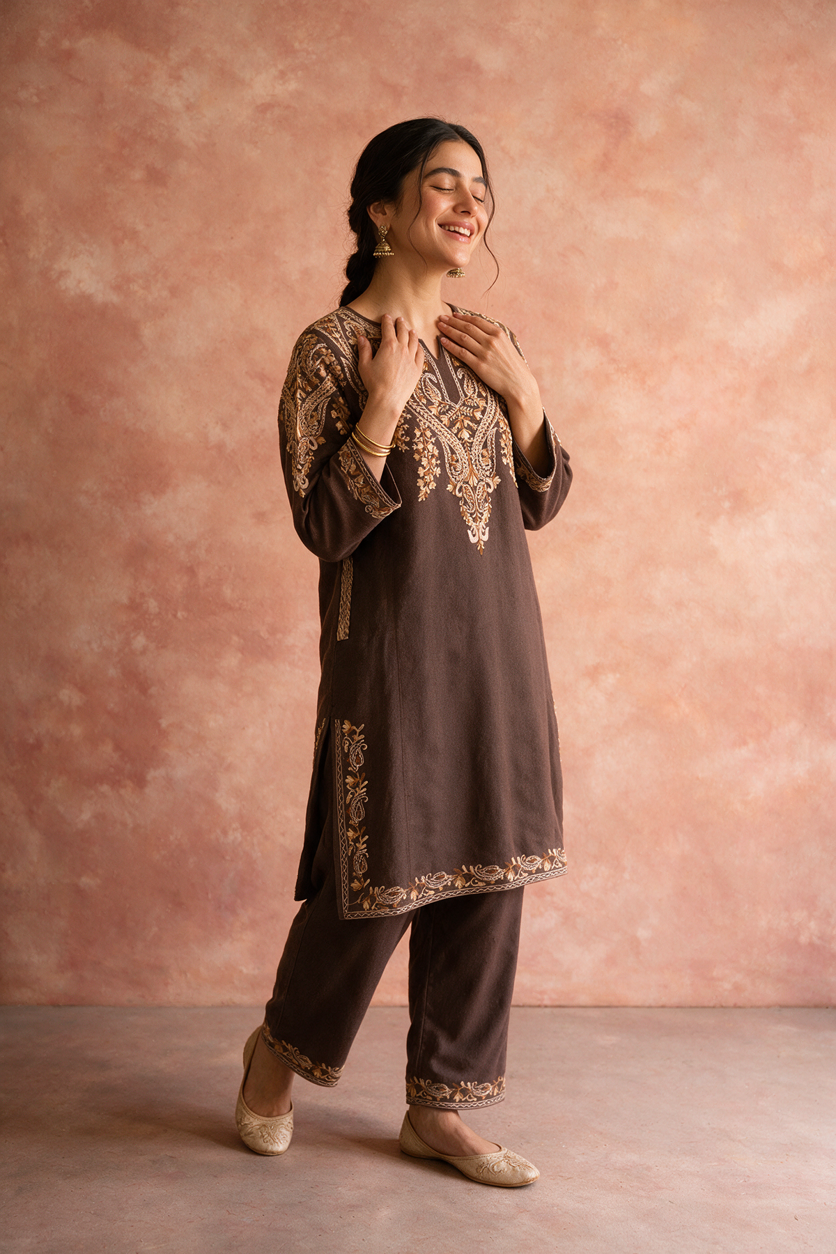 Chocolate Brown Embroidered Woollen Kurta/Co-ord Set