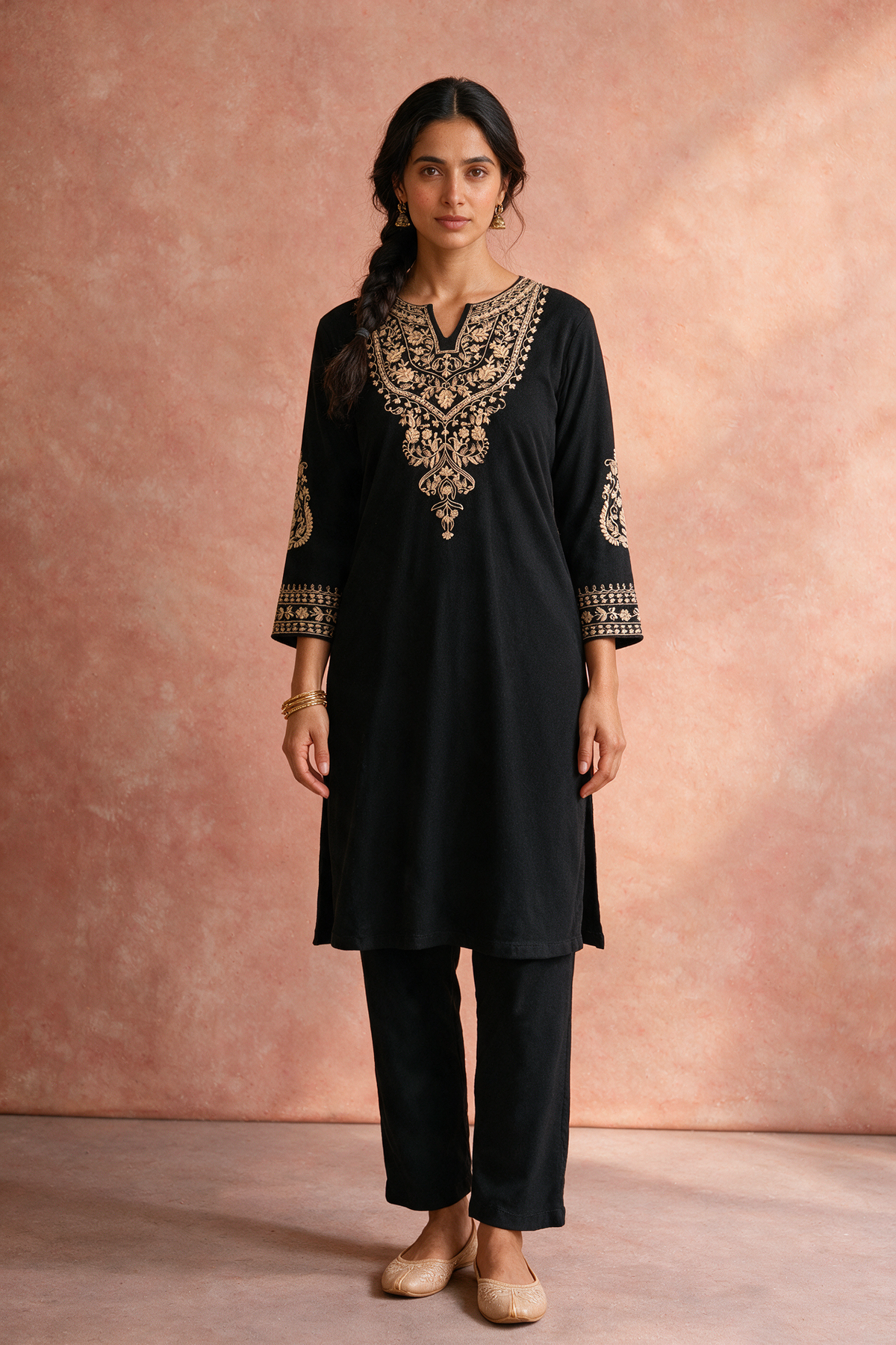 Black Embroidered Woollen Kurta Set