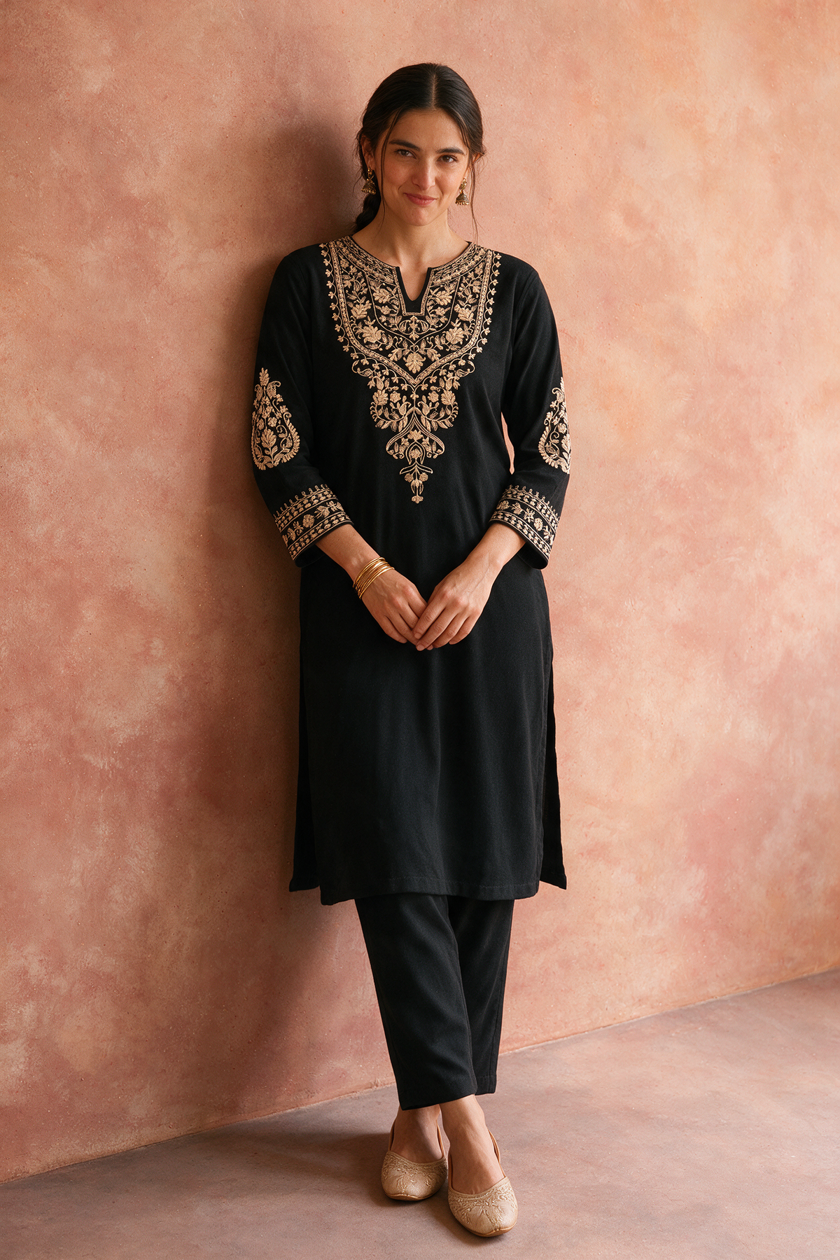 Black Embroidered Woollen Kurta Set