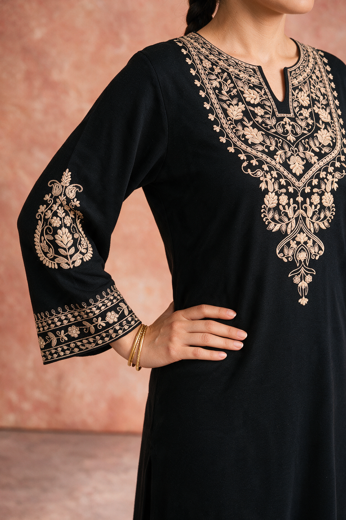 Black Embroidered Woollen Kurta Set