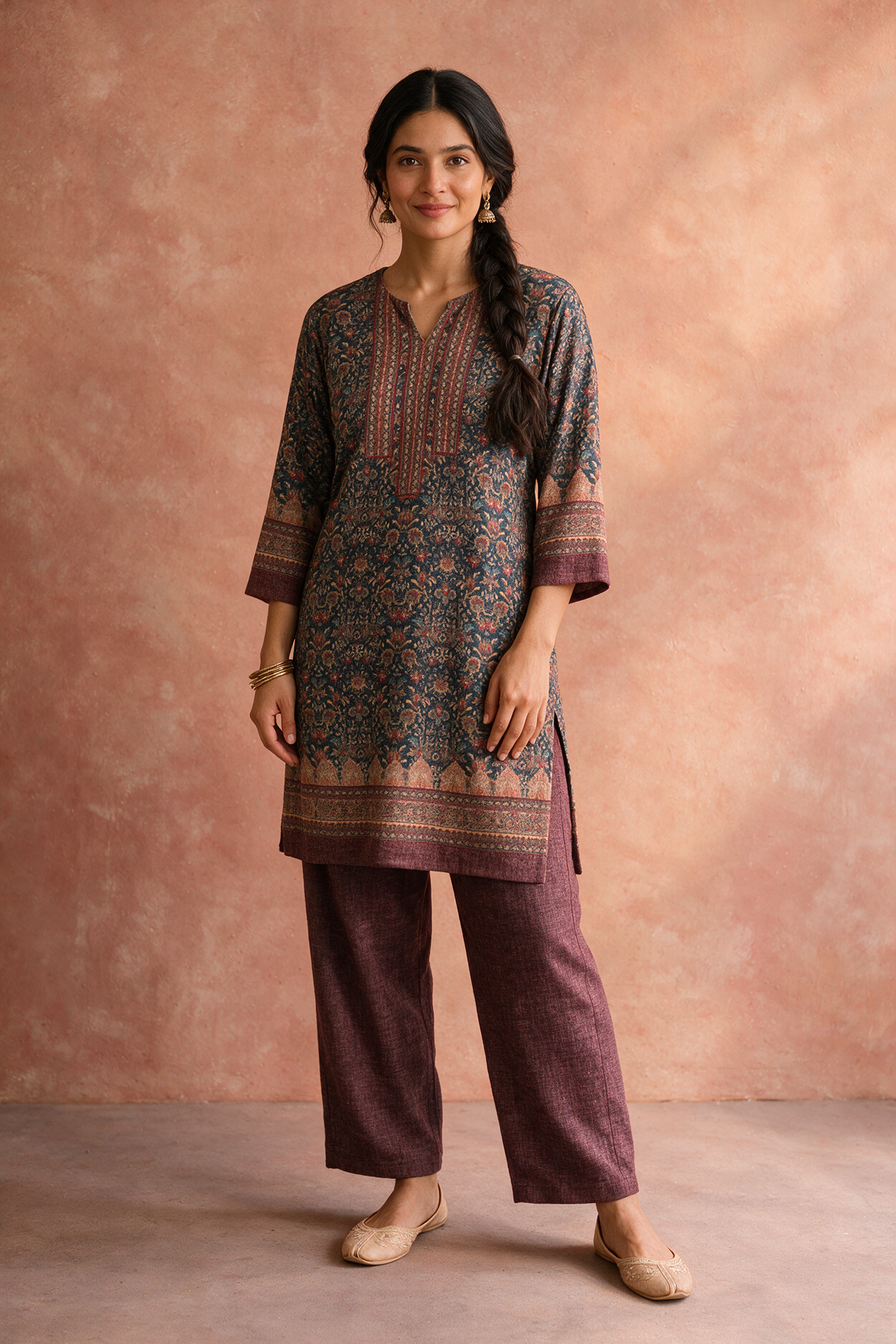 Plum Woollen Floral Kurta Set