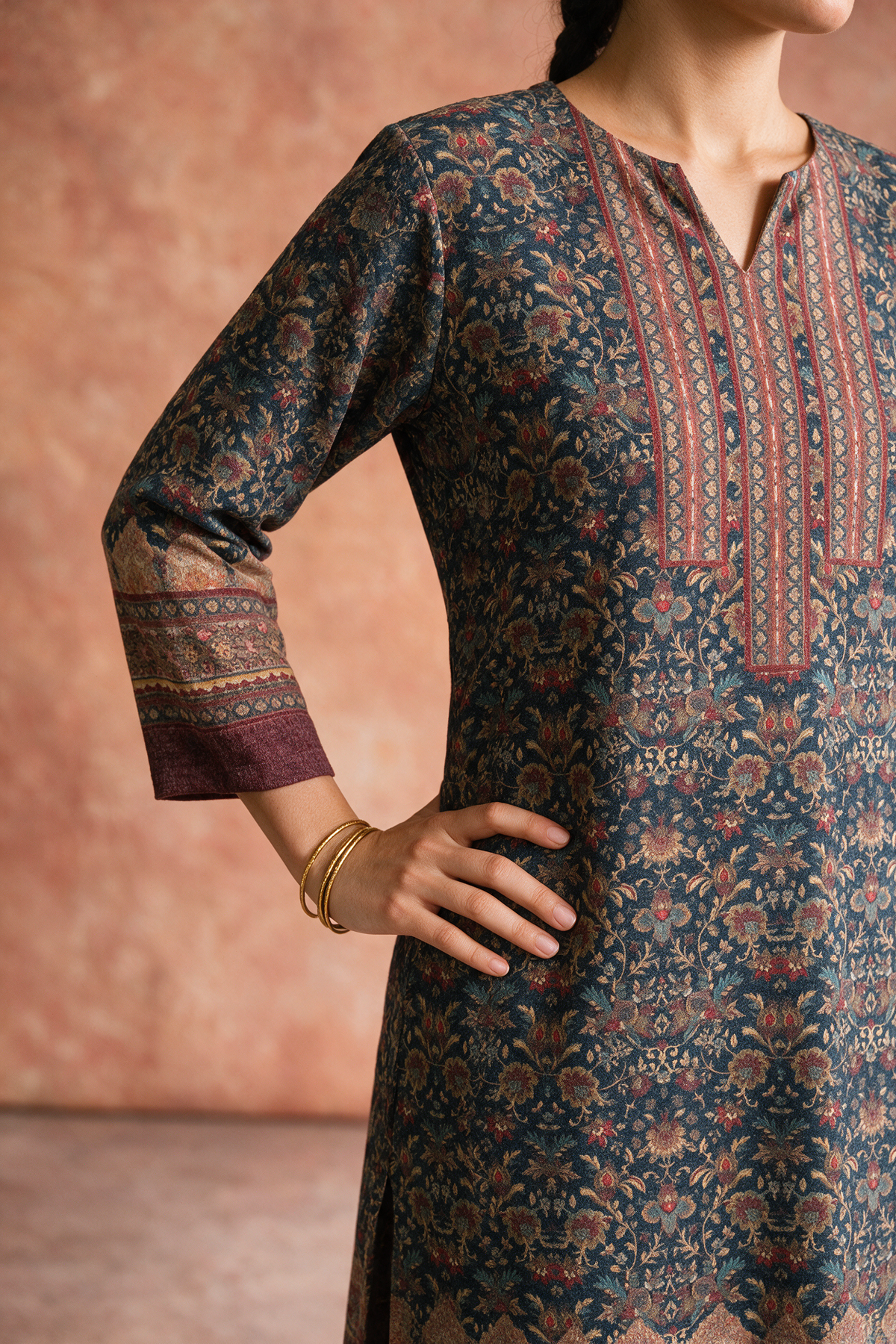 Plum Woollen Floral Kurta Set