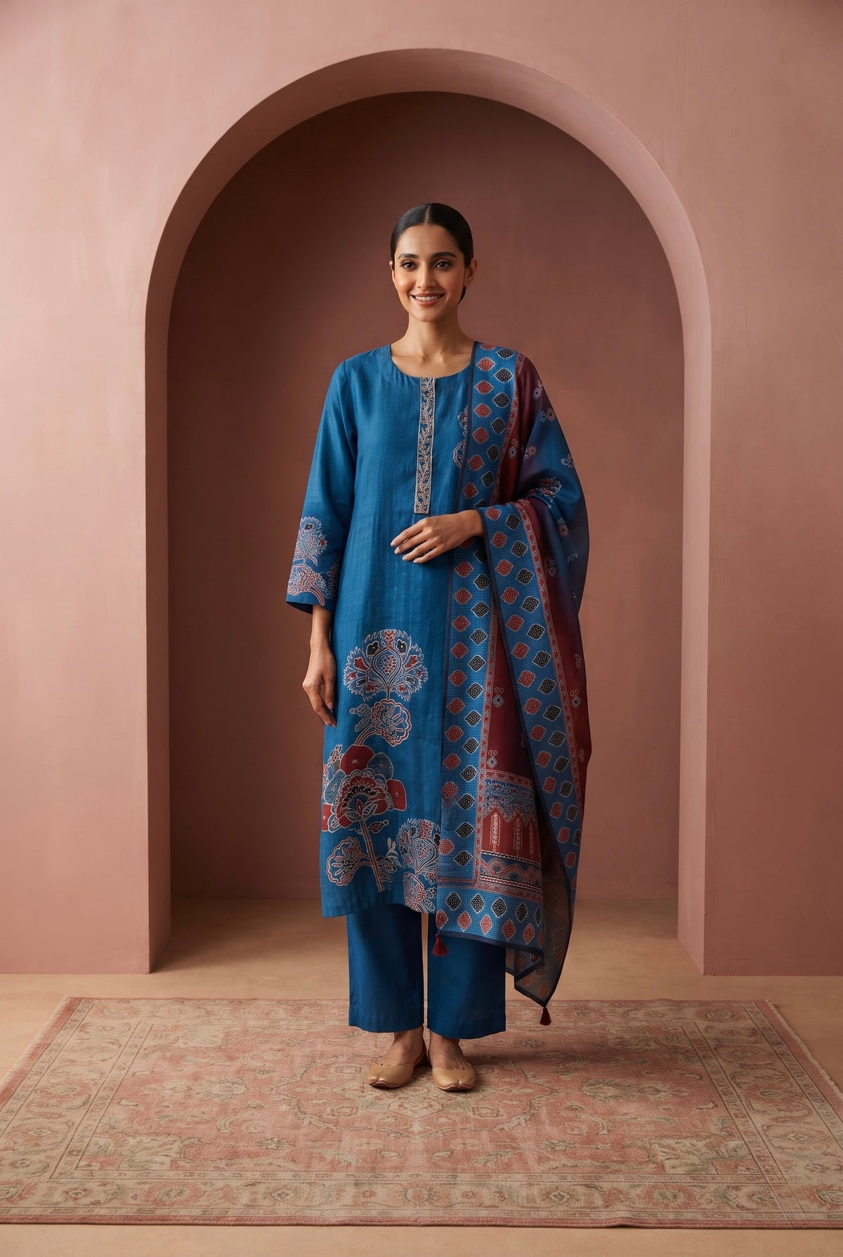 Blue Floral Printed Muslin Suit Set