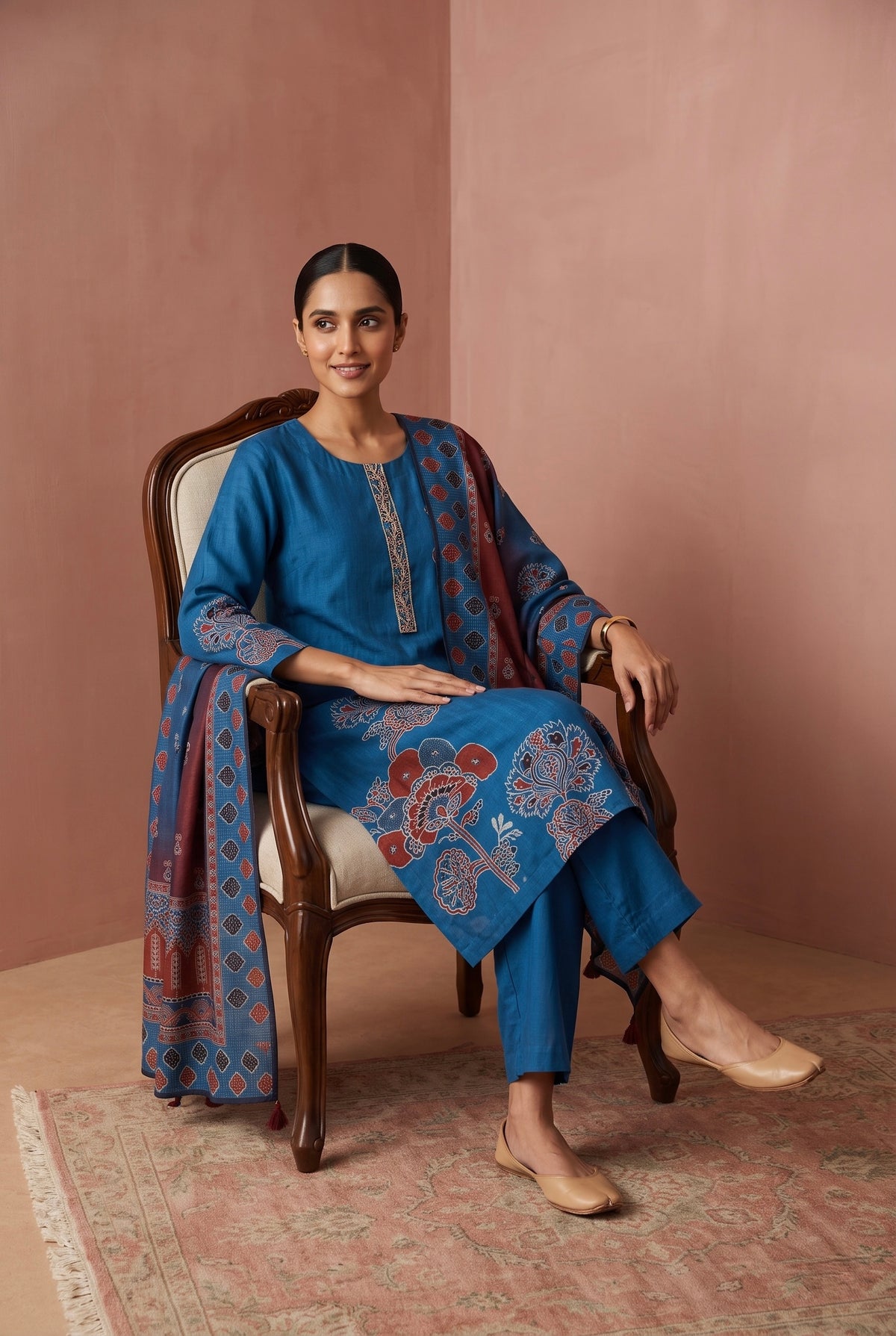 Blue Floral Printed Muslin Suit Set