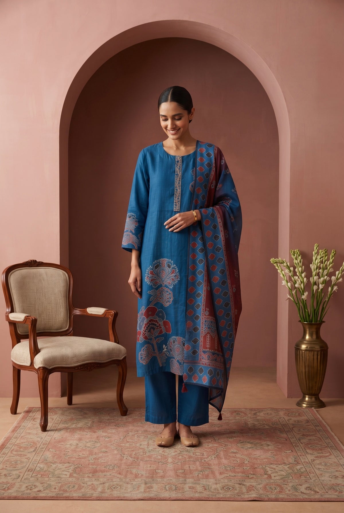 Blue Floral Printed Muslin Suit Set