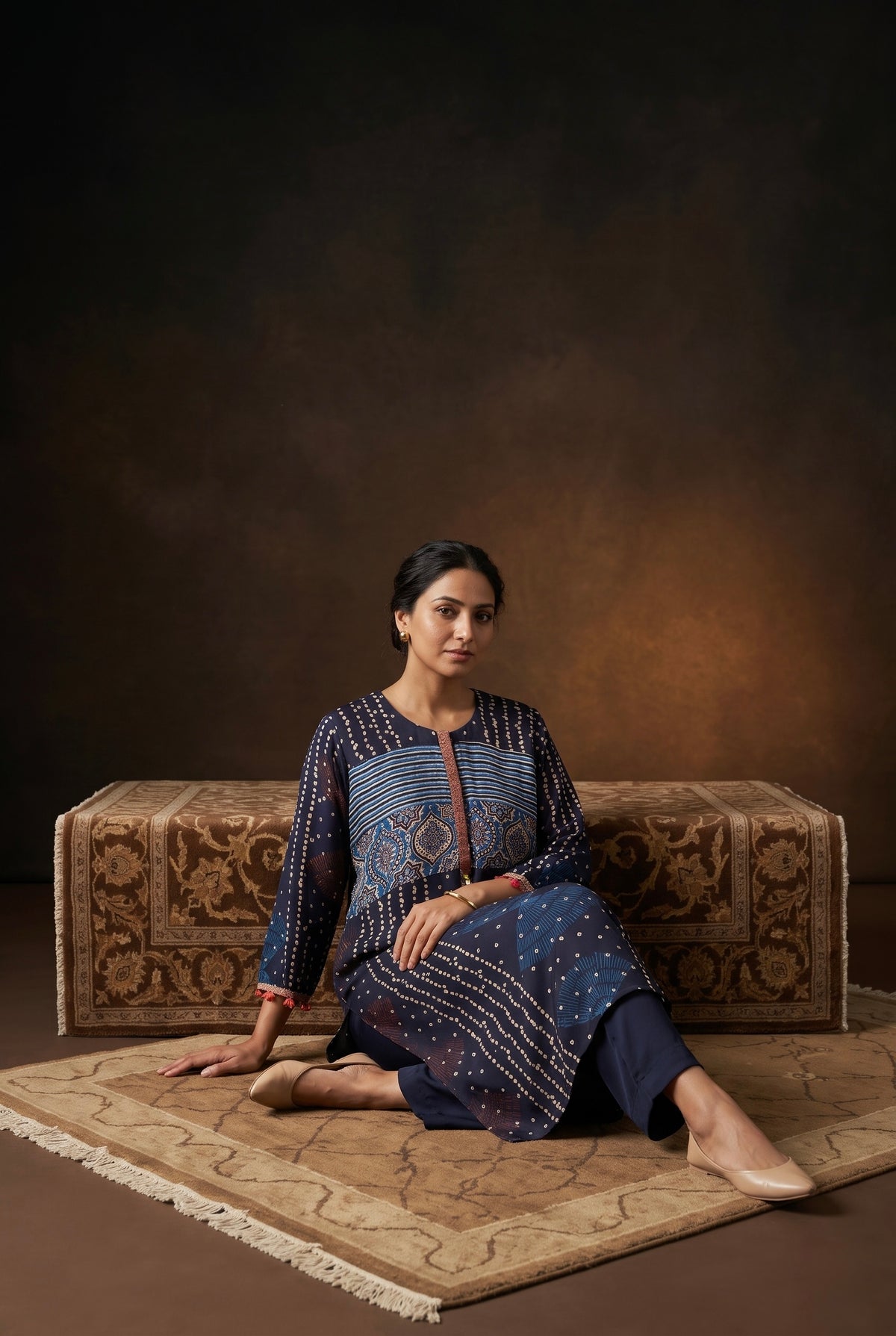 Midnight Blue Gajji Silk Printed Luxe Kurta Set