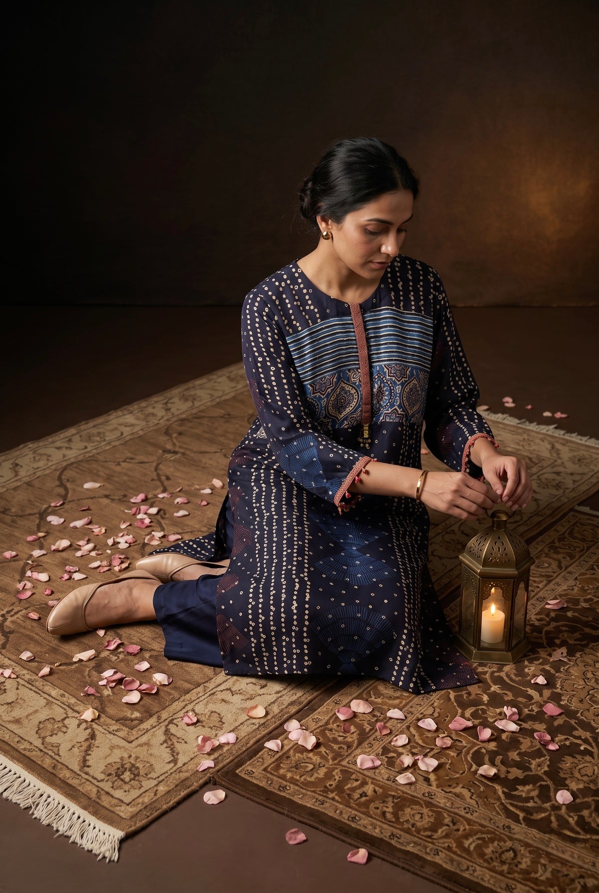 Midnight Blue Gajji Silk Printed Luxe Kurta Set