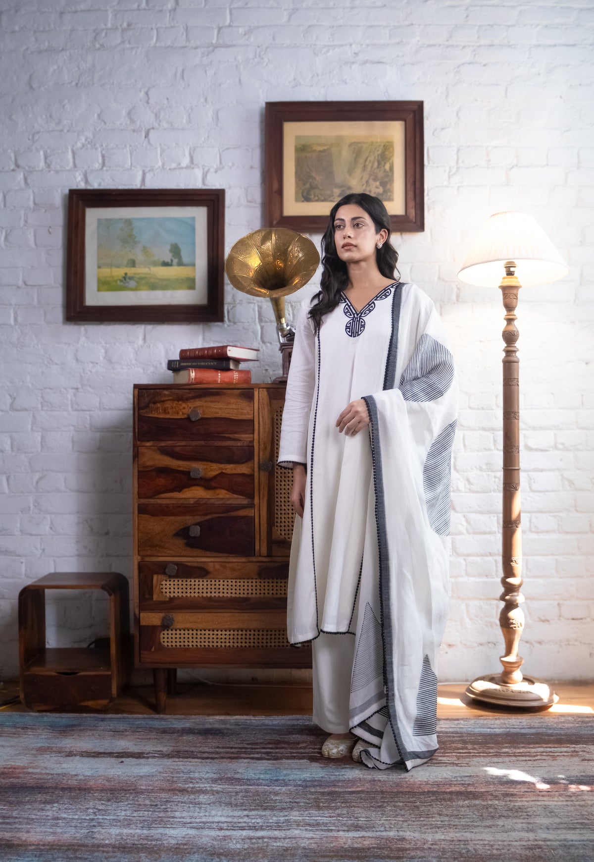 Ivory & Black Pure Linen A-line Suit Set | HER-823