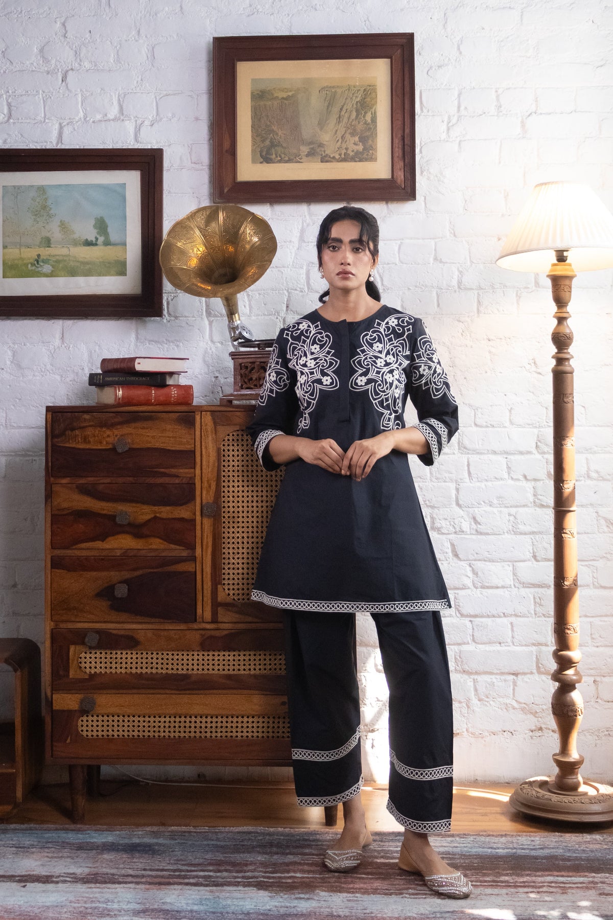 Black Floral Embroidered Cotton Kurta Set
