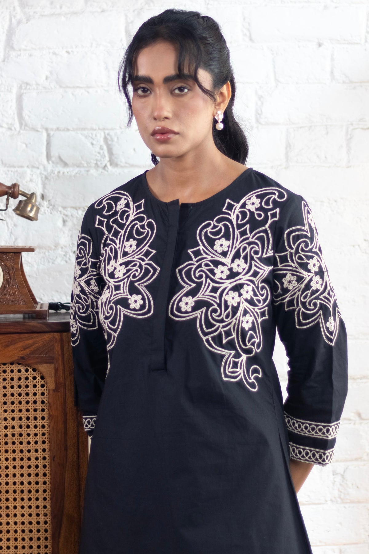 Black Floral Embroidered Cotton Kurta Set