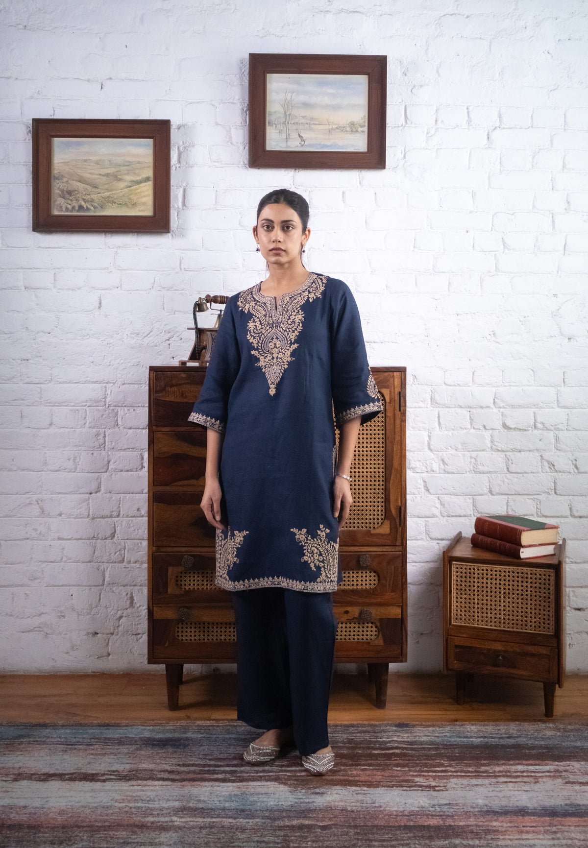 Midnight Blue Embroidered Pure Linen Kurta Set