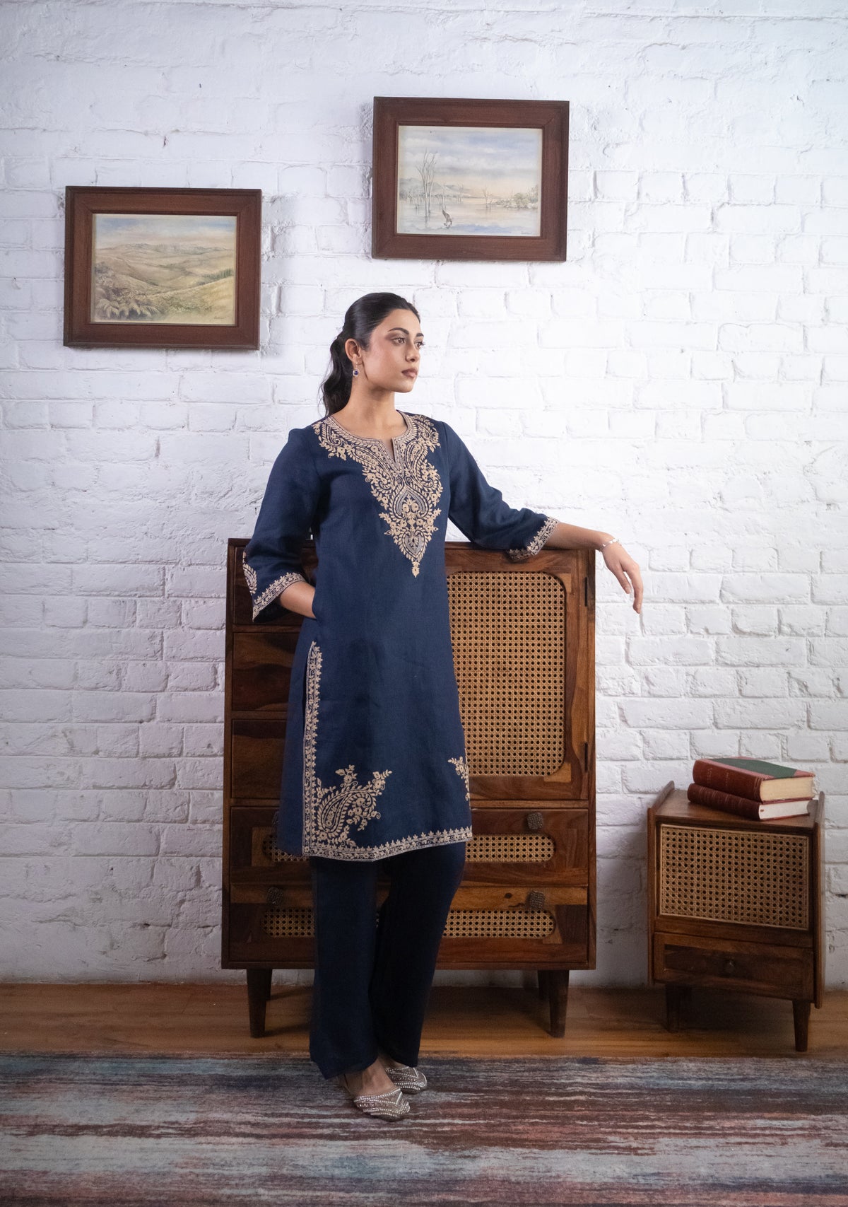 Midnight Blue Embroidered Pure Linen Kurta Set