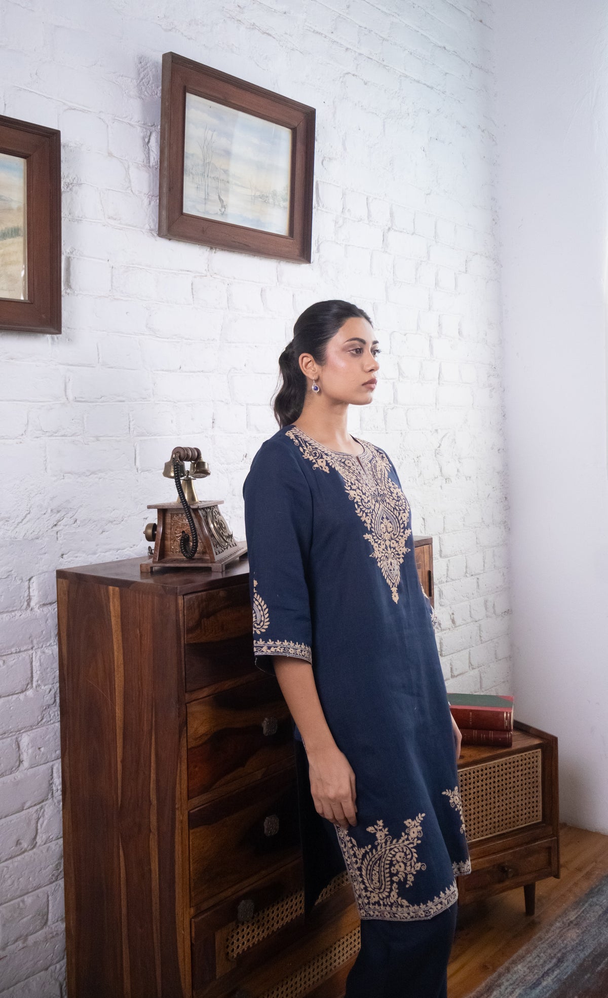 Midnight Blue Embroidered Pure Linen Kurta Set
