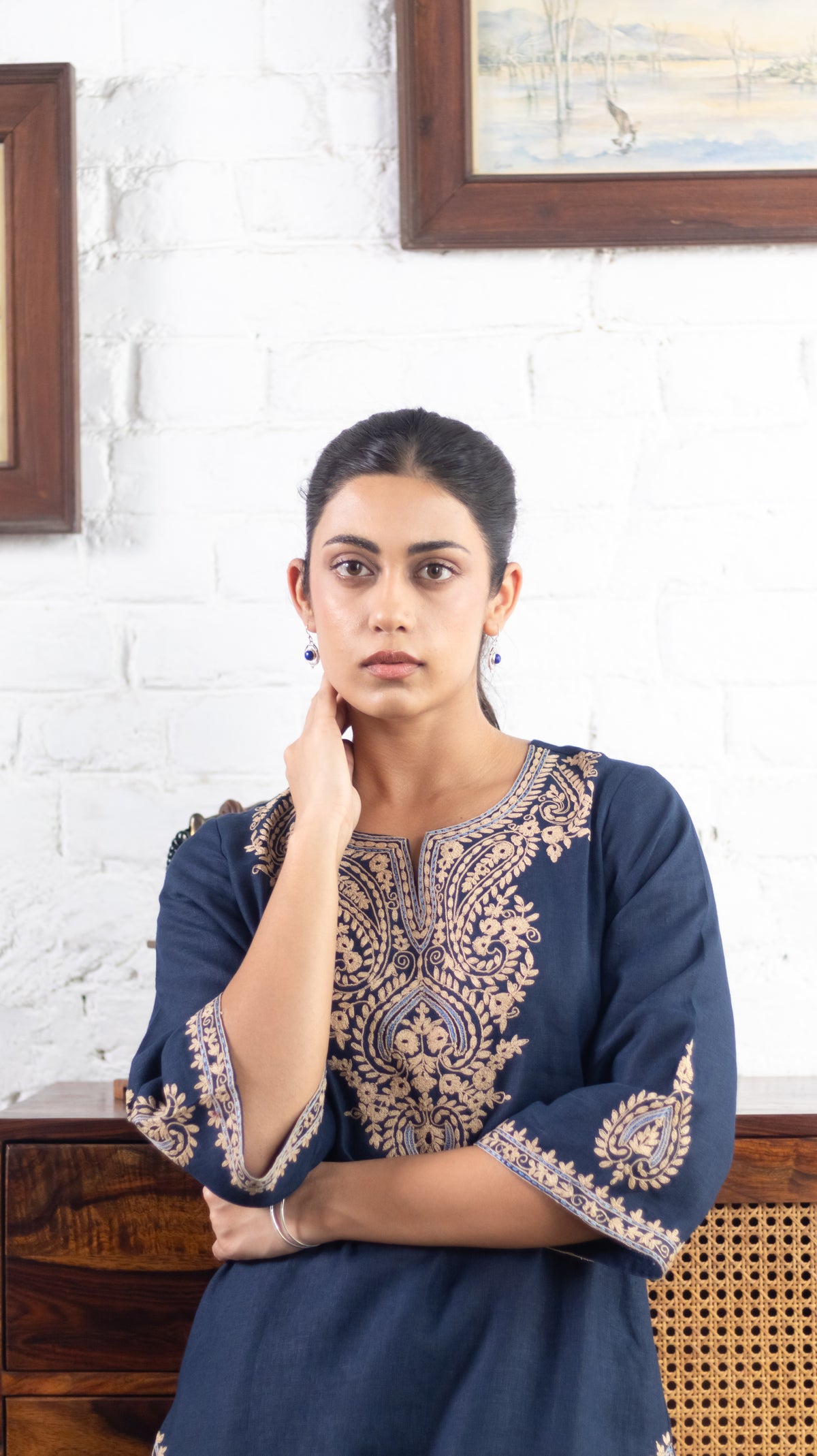 Midnight Blue Embroidered Pure Linen Kurta Set
