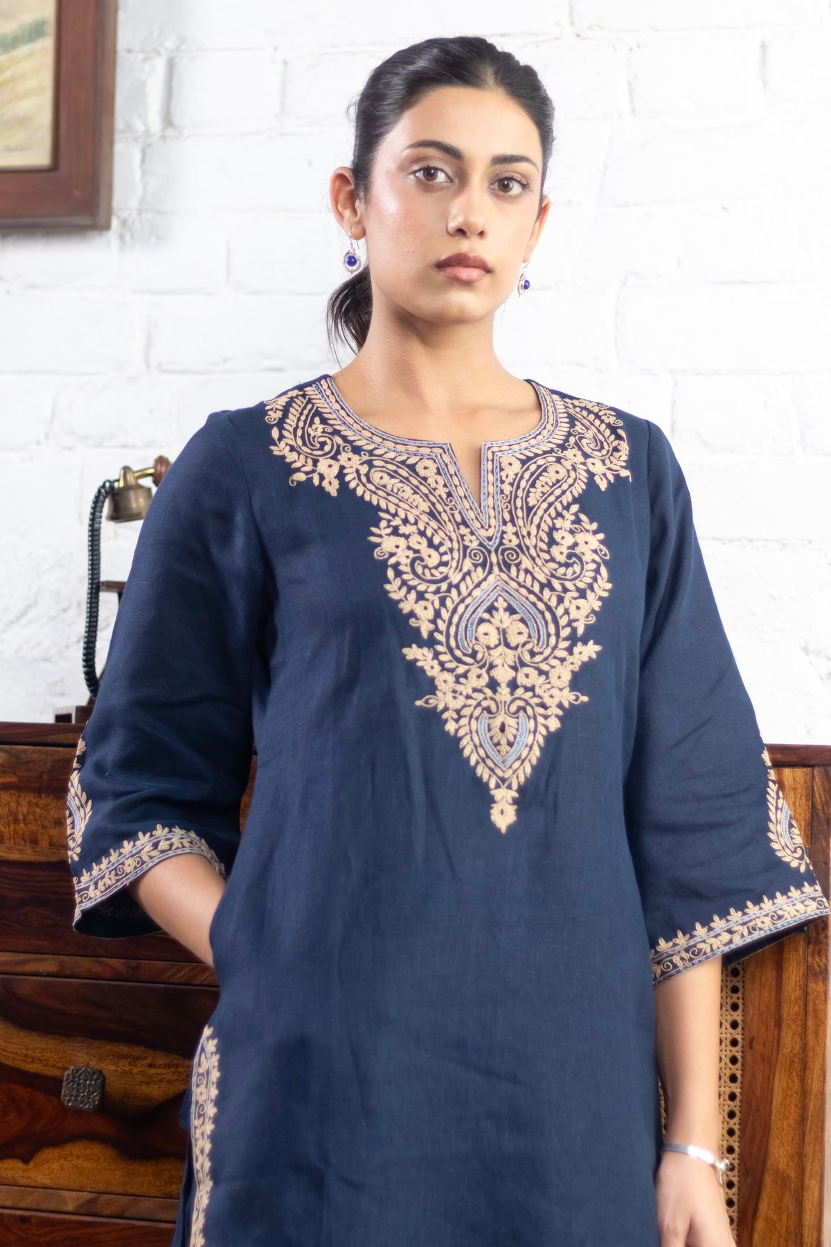 Midnight Blue Embroidered Pure Linen Kurta Set