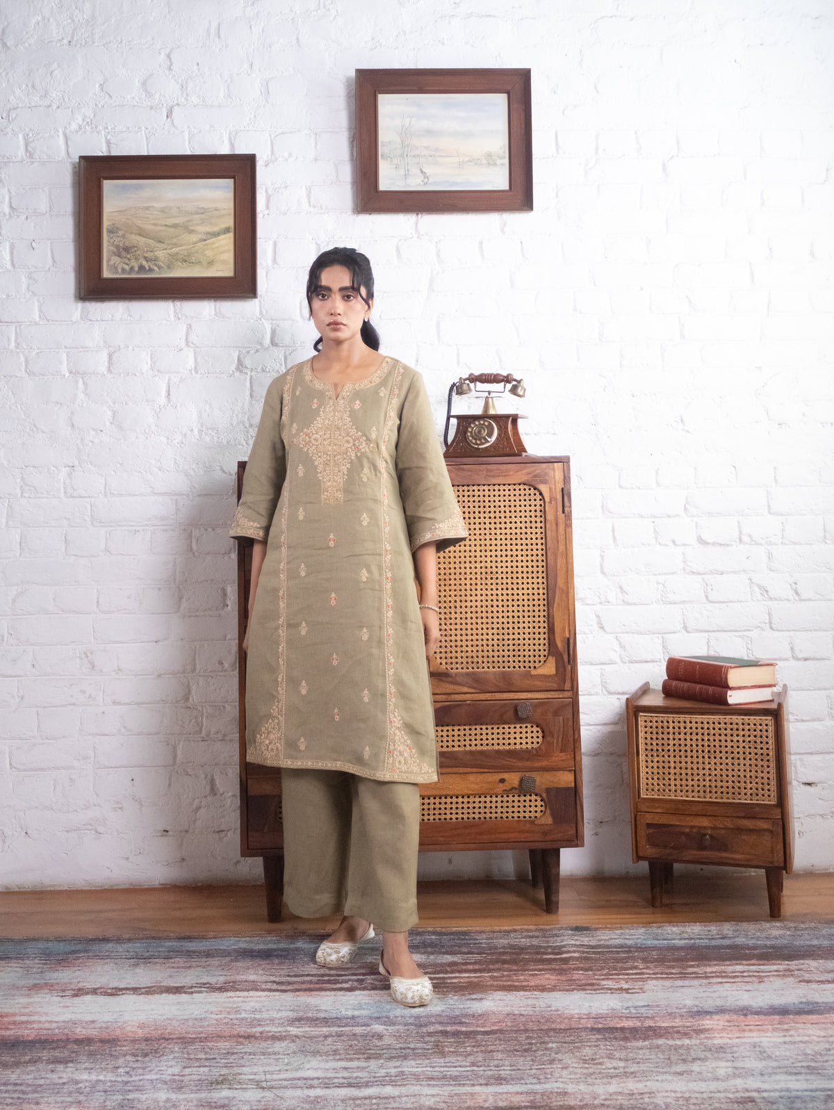 Sage Olive Green Pure Linen Embroidered Kurta Set