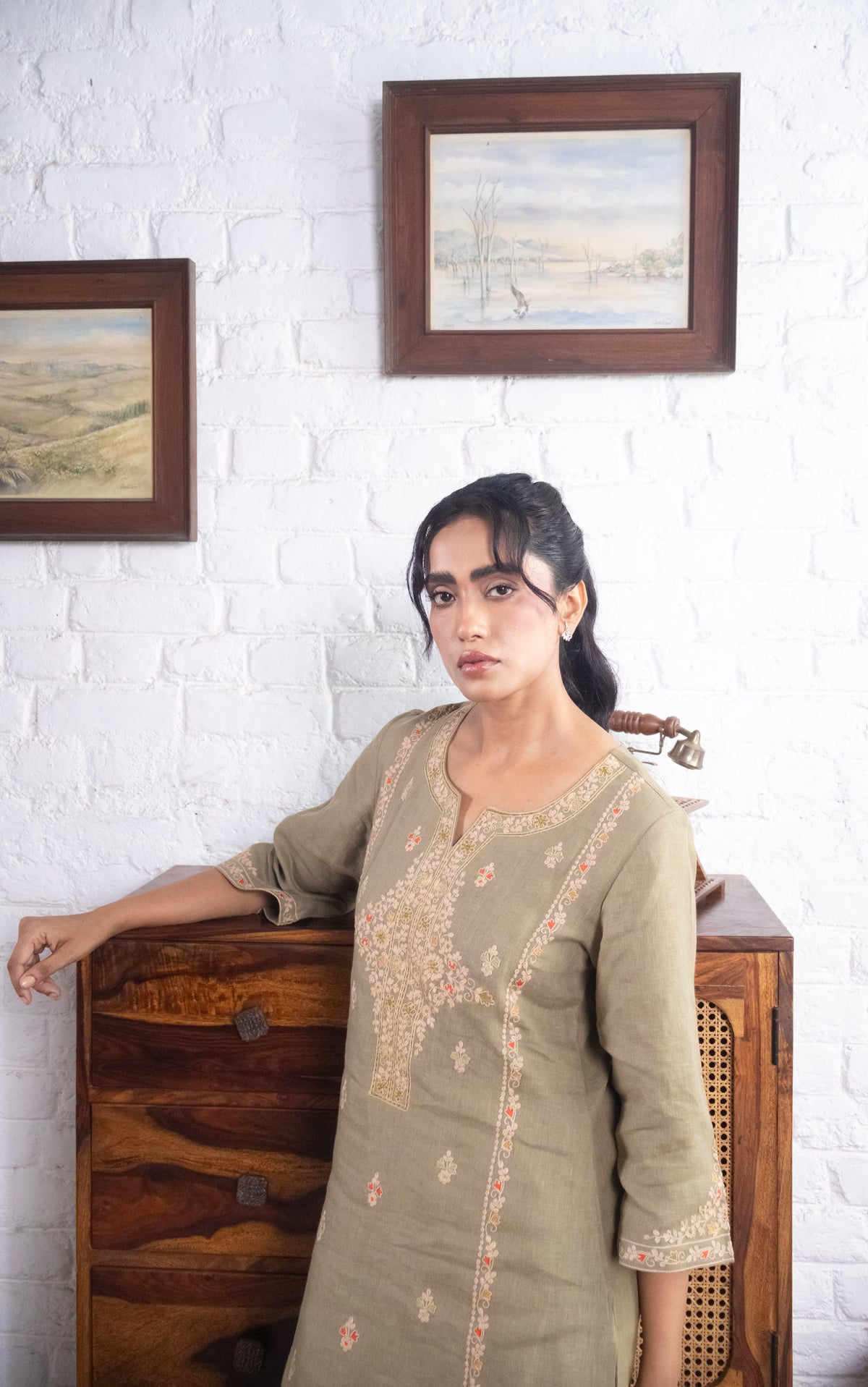 Sage Olive Green Pure Linen Embroidered Kurta Set