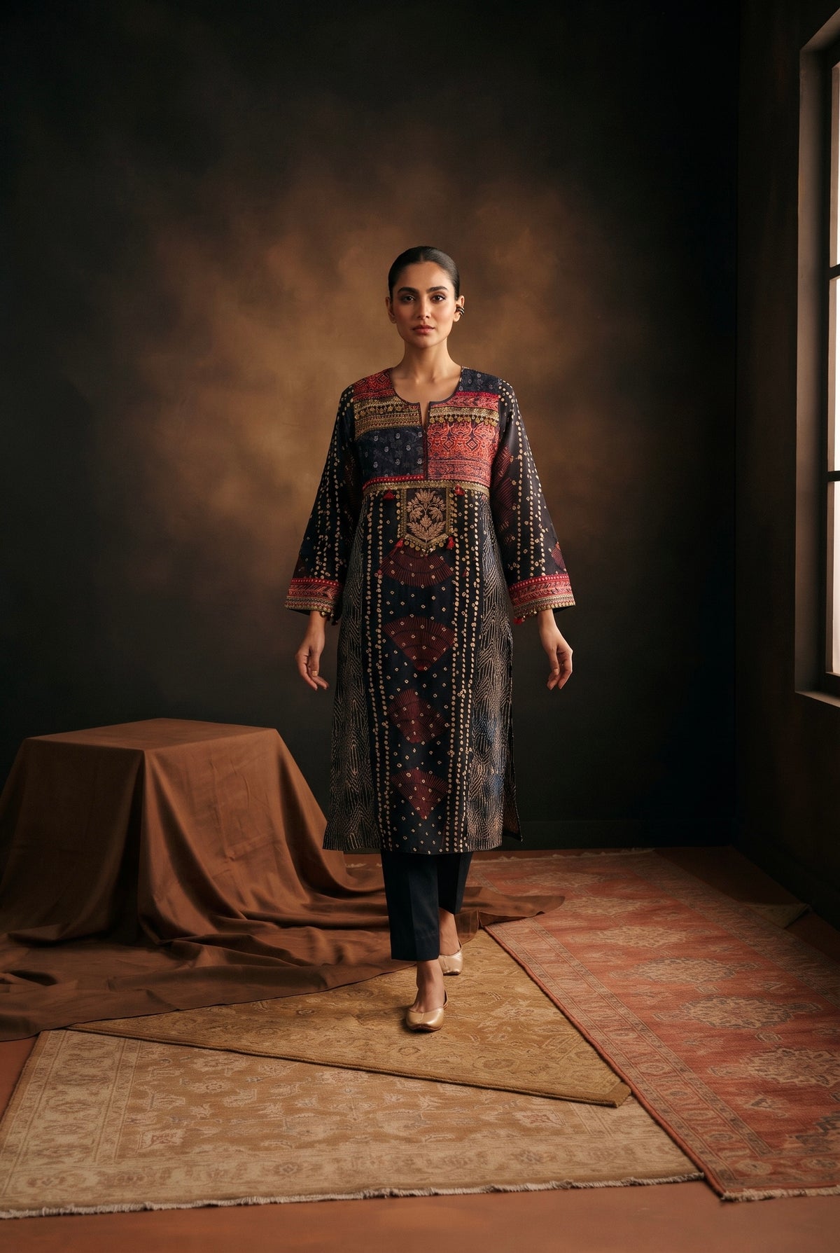Midnight Blue Gajji Silk Printed Embellished Kurta Set