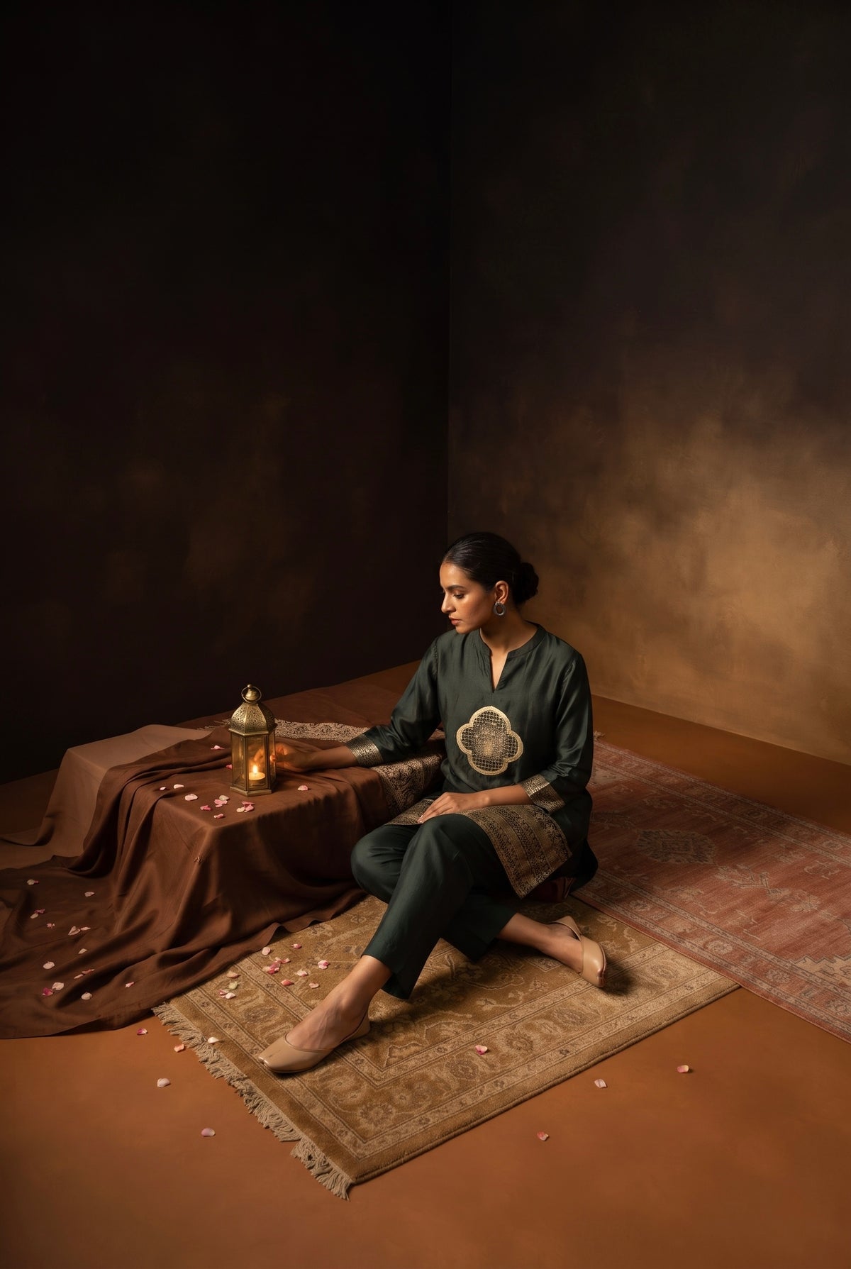Midnight Olive Green Dola Silk Festive Kurta/Co-ord Set