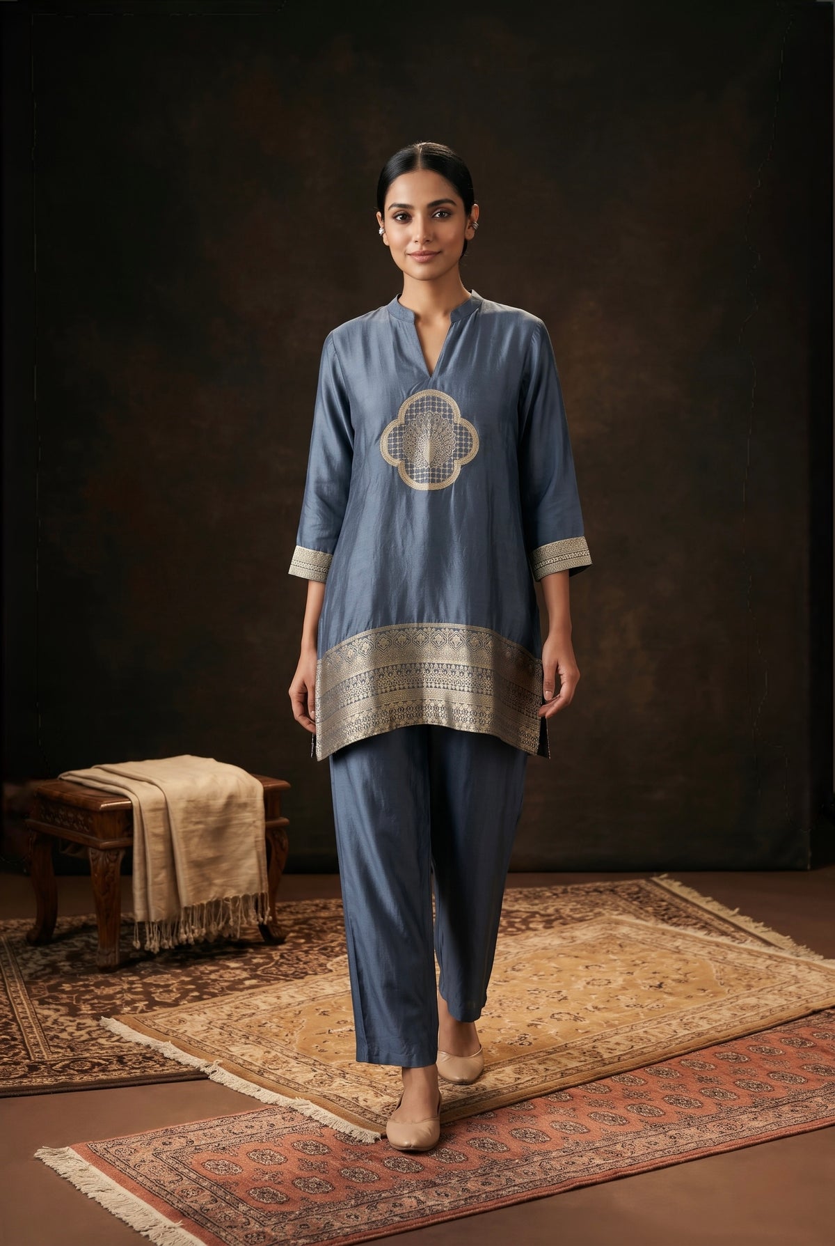 Slate Blue Dola Silk Festive Kurta/Co-ord Set