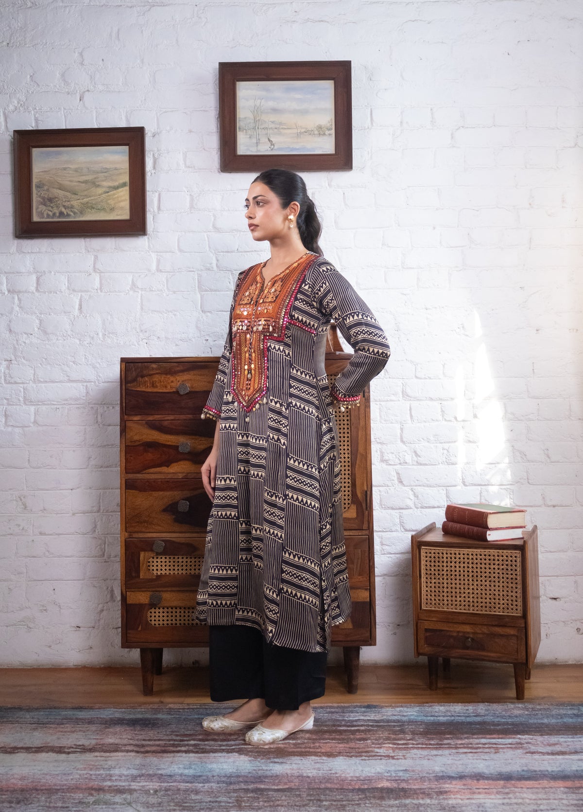 Black Gajji Silk Printed Luxe Kurta Set