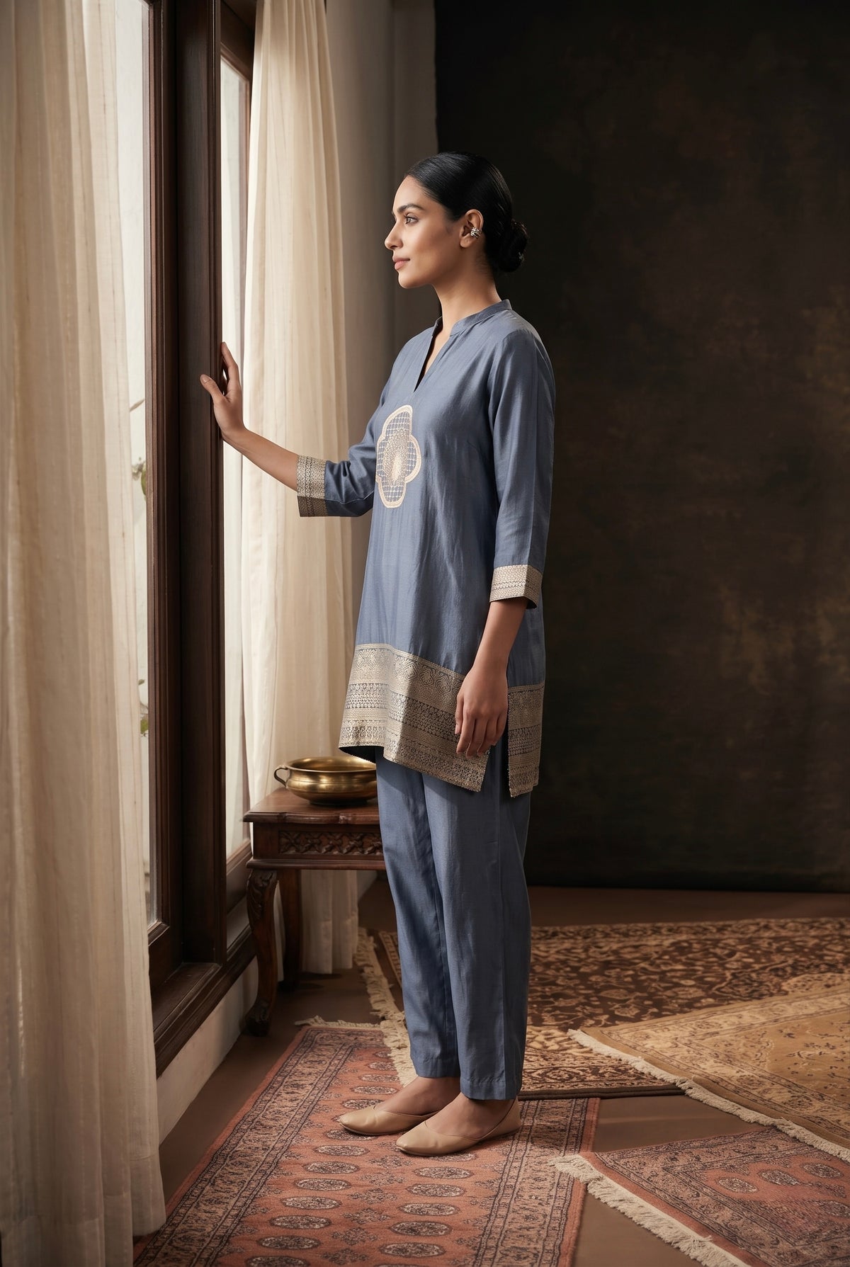 Slate Blue Dola Silk Festive Kurta/Co-ord Set