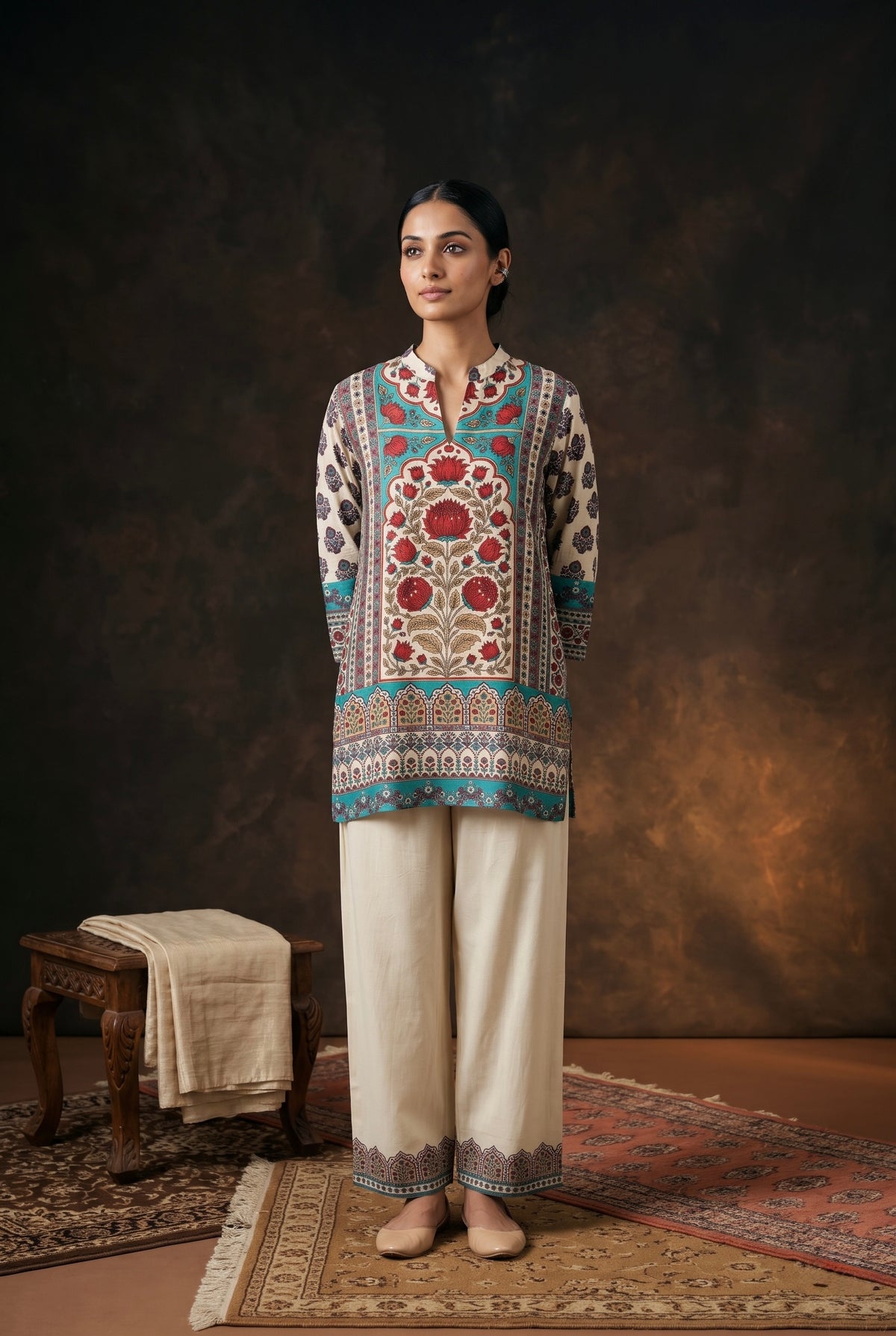 Beige Floral Printed Muslin Luxe Kurta/Co-ord Set