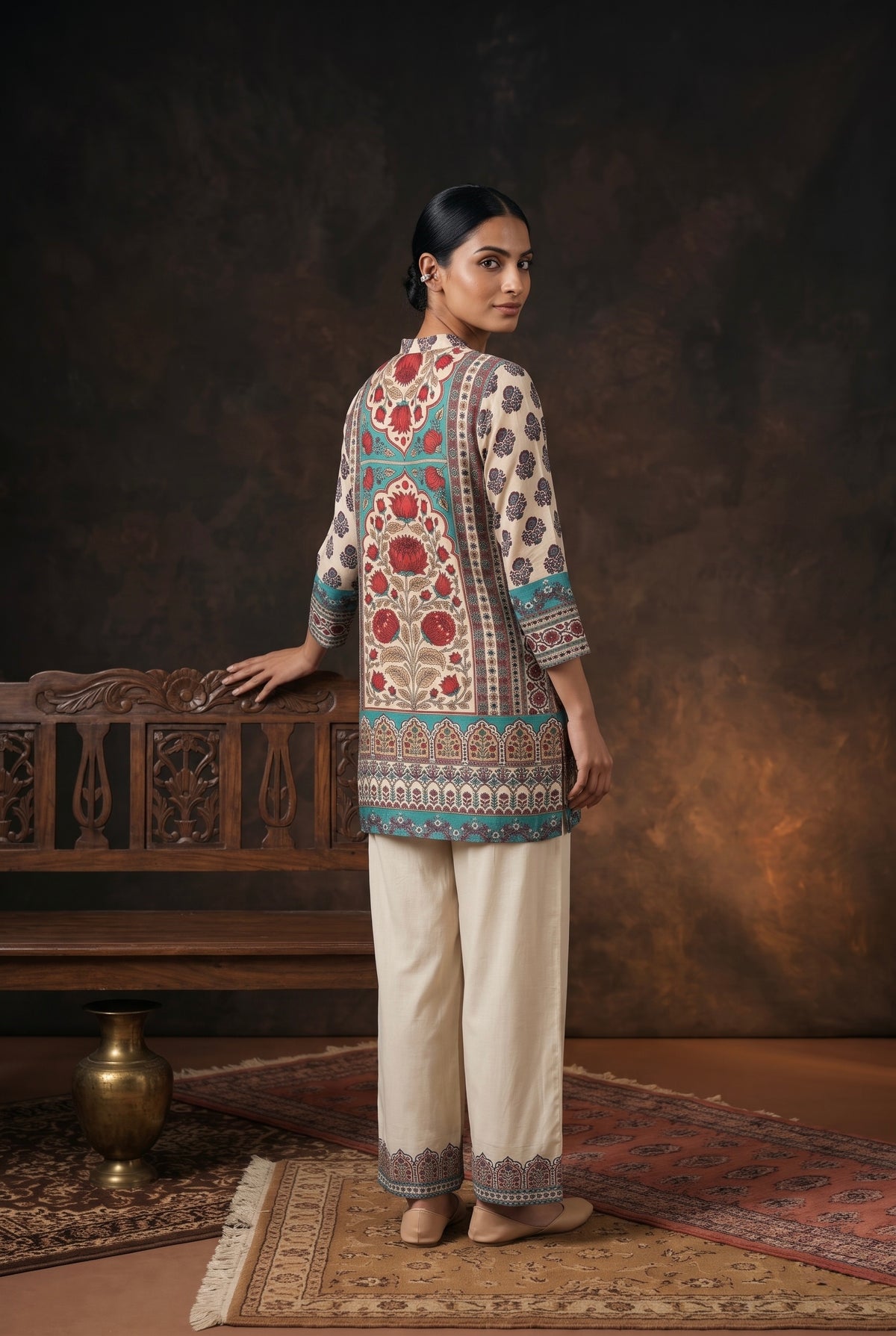 Beige Floral Printed Muslin Luxe Kurta/Co-ord Set