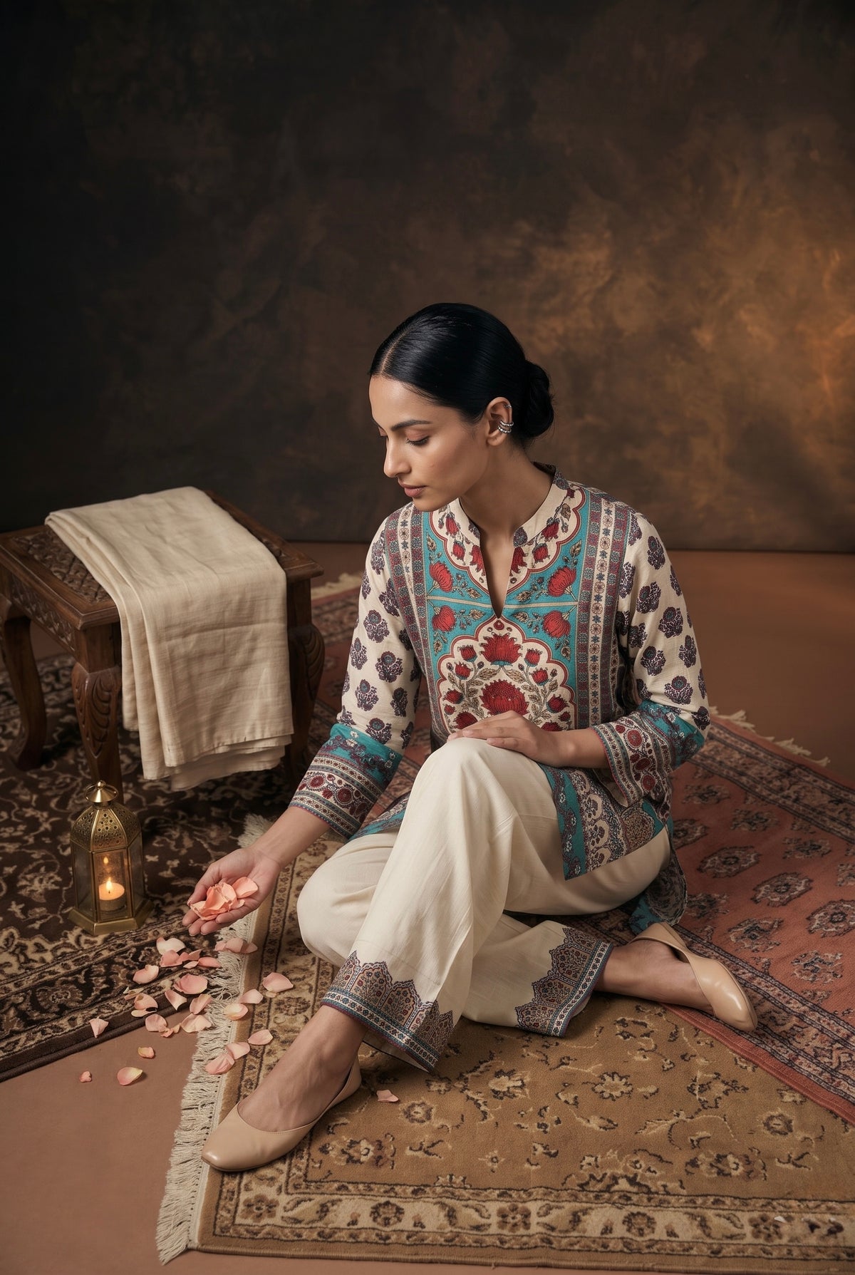 Beige Floral Printed Muslin Luxe Kurta/Co-ord Set