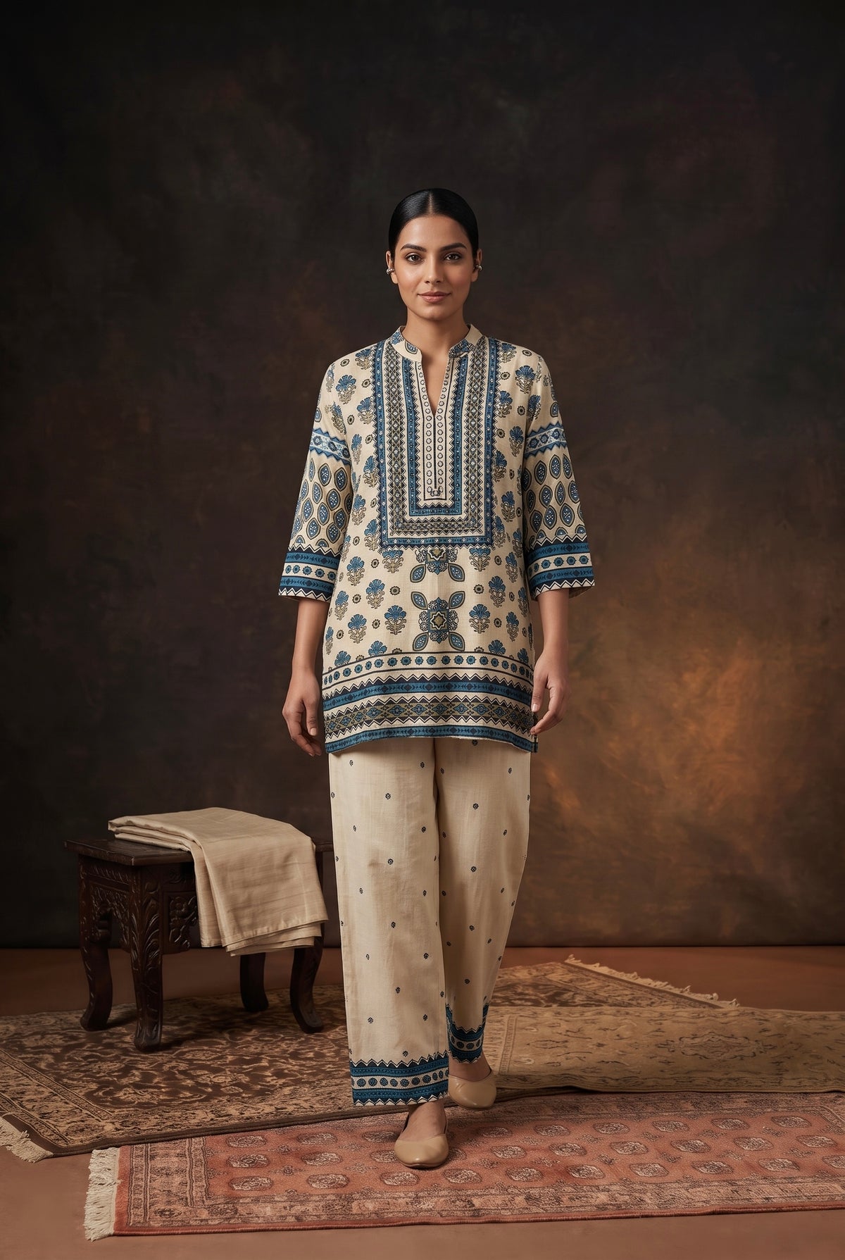 Beige & Blue Printed Muslin Luxe Kurta/Co-ord Set