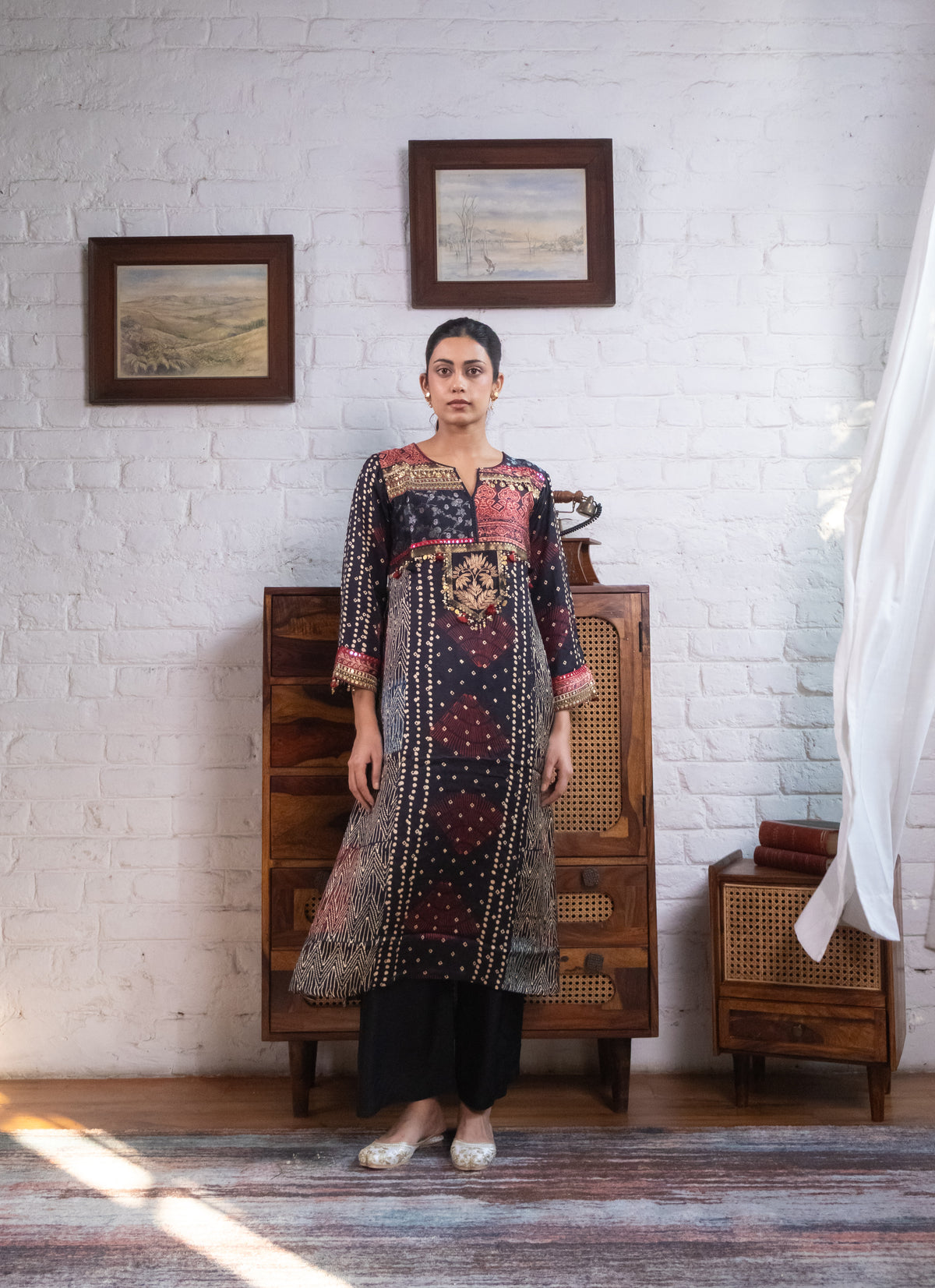 Midnight Blue Gajji Silk Printed Embellished Kurta Set