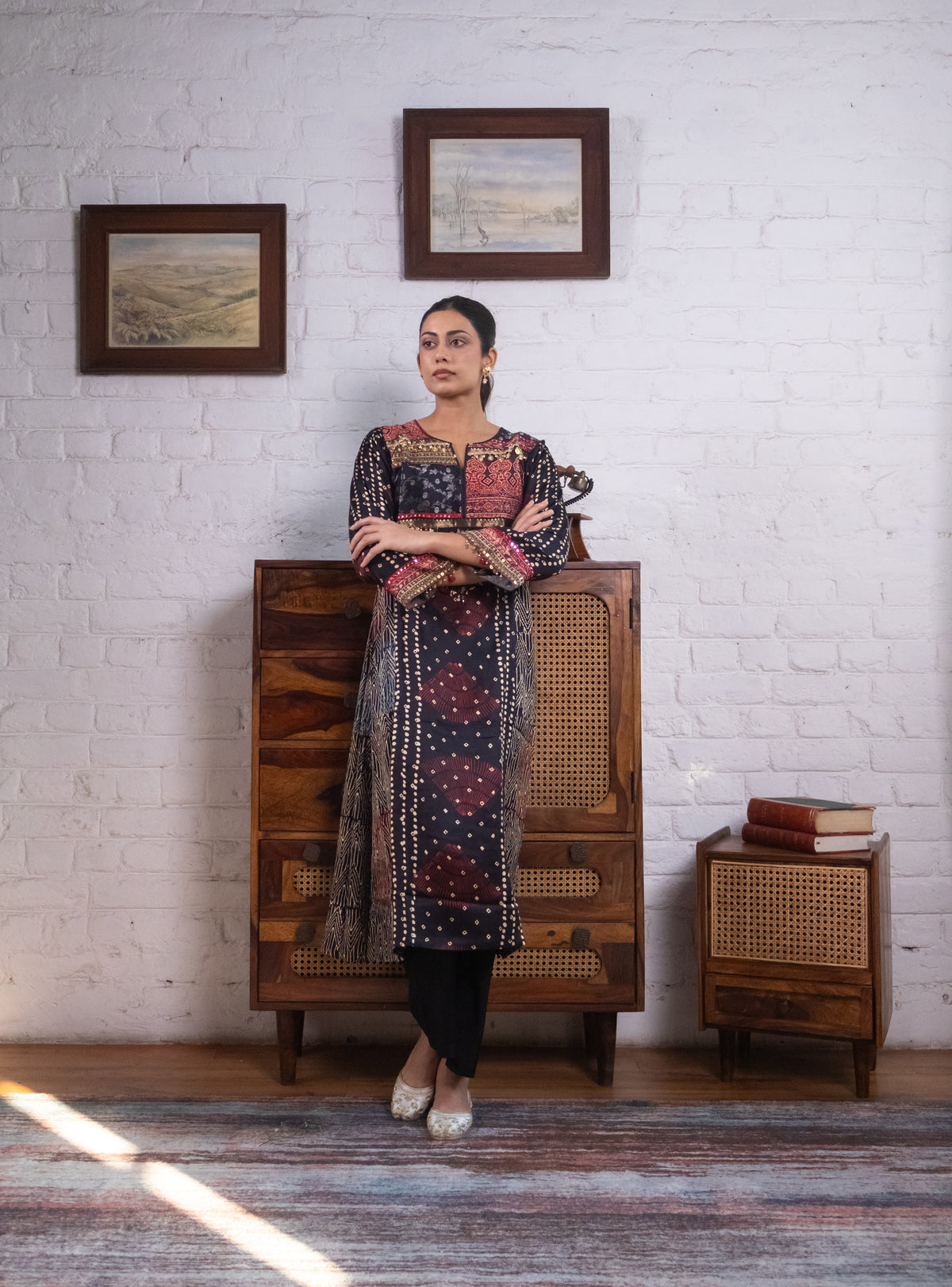 Midnight Blue Gajji Silk Printed Embellished Kurta Set