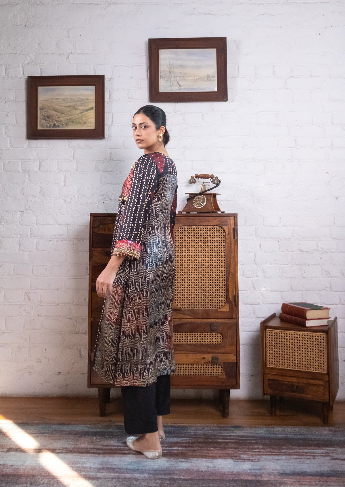 Midnight Blue Gajji Silk Printed Embellished Kurta Set